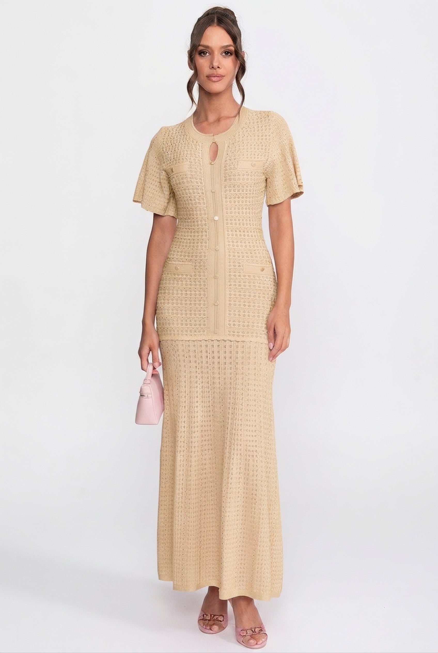 Abito midi a maniche corte con texture in maglia shimmer - Beige