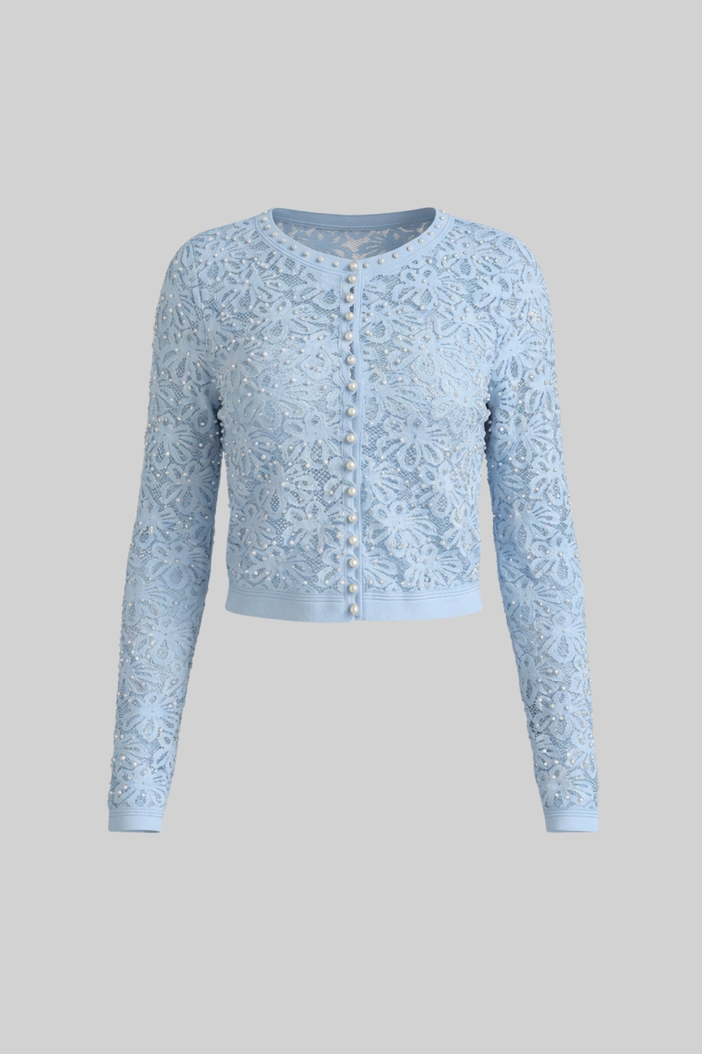 Top a Manica Lunga Decorato con Chiusura a Bottoni di Perla - Blue