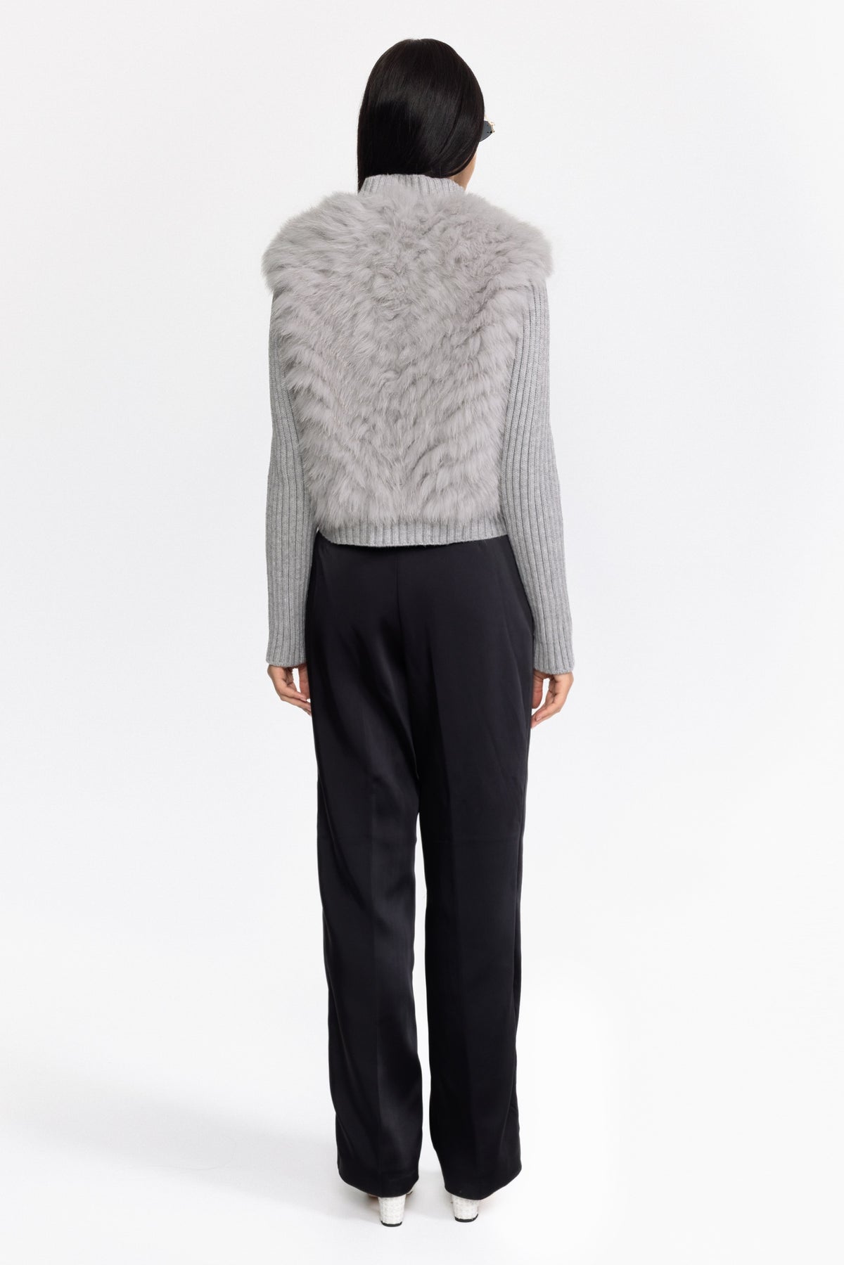Knitted Fox Fur Jacket with Rib Knit Sleeves - Grey