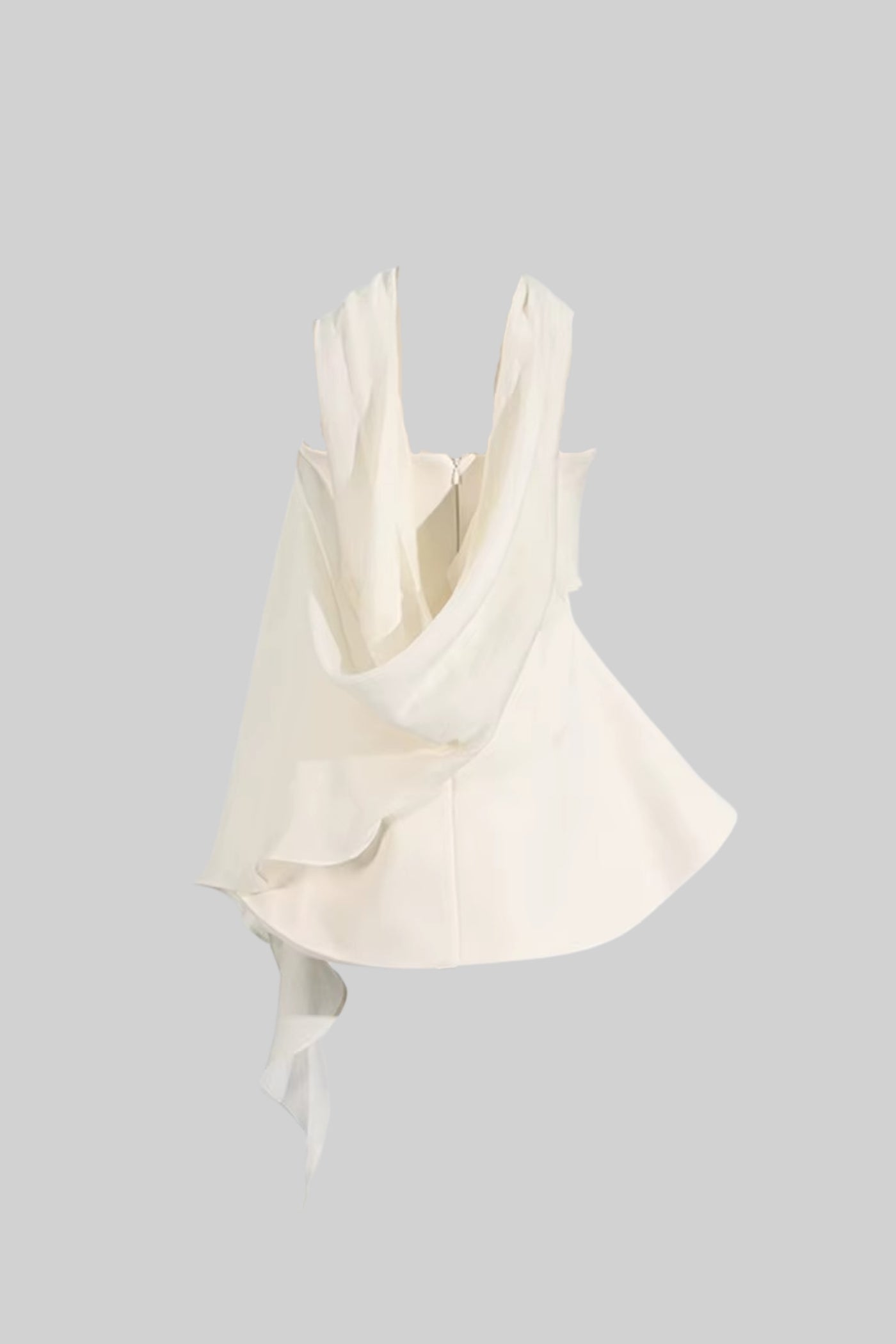 Abito Mini Fasciato Senza Spalline con Gonna Svasata e Sciarpa Drappeggiata - Ivoire