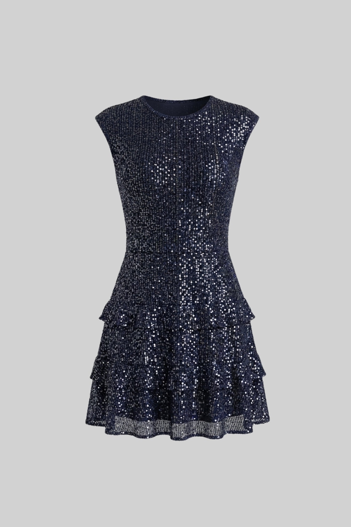 Abito Mini con Maniche a Mantella in Paillettes e Gonna a Balze - Navy