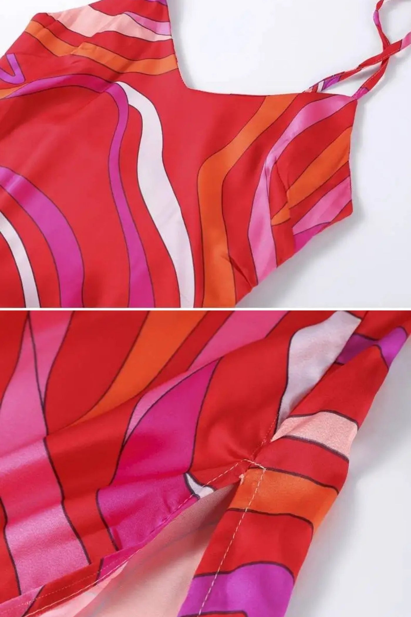 Printed Strappy Midi Dress With Abstract Swirl Pattern - Red