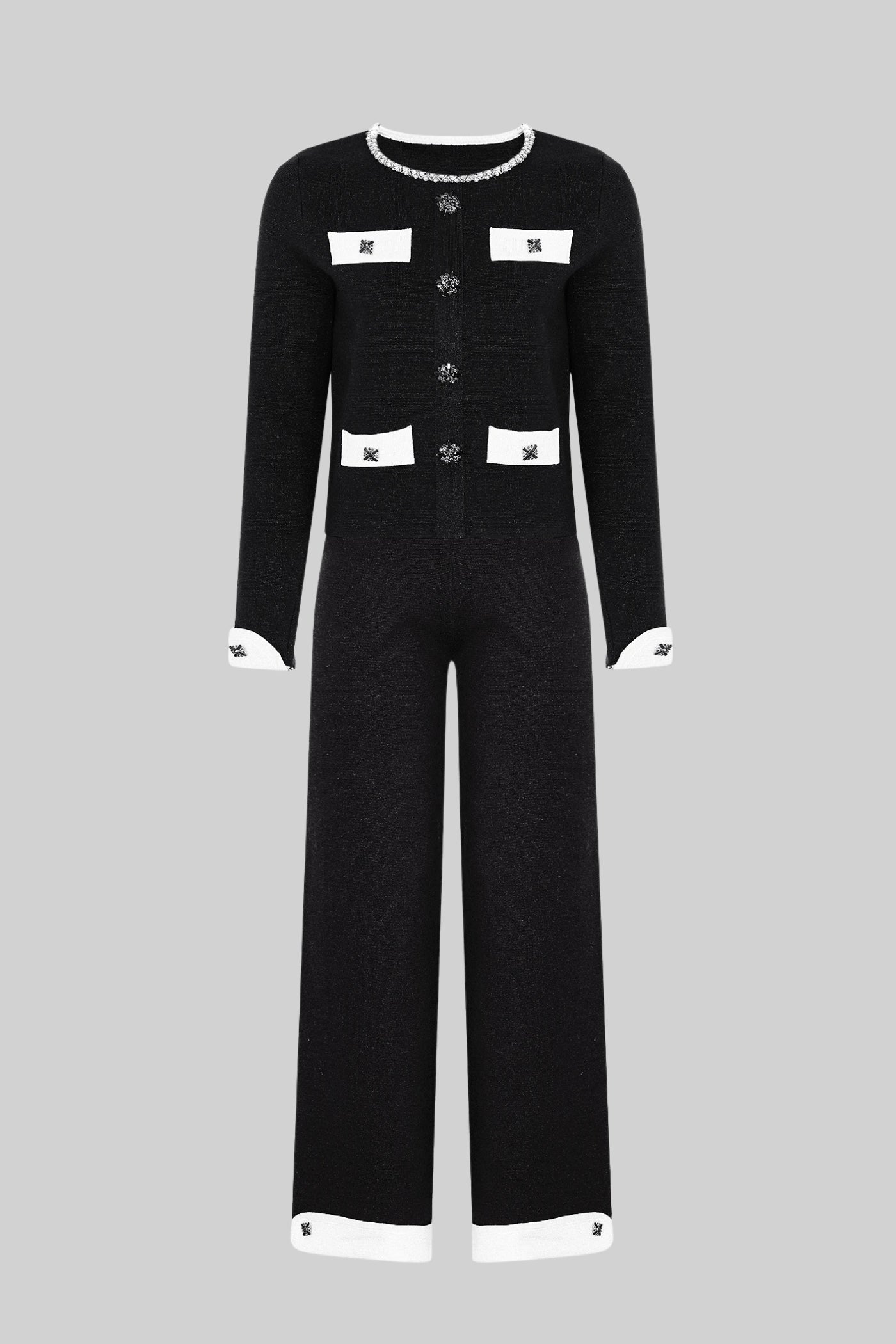 Set Coordinato in Maglia a Manica Lunga con Bordo a Contrasto e Raffinate Decorazioni Scintillanti - Nero