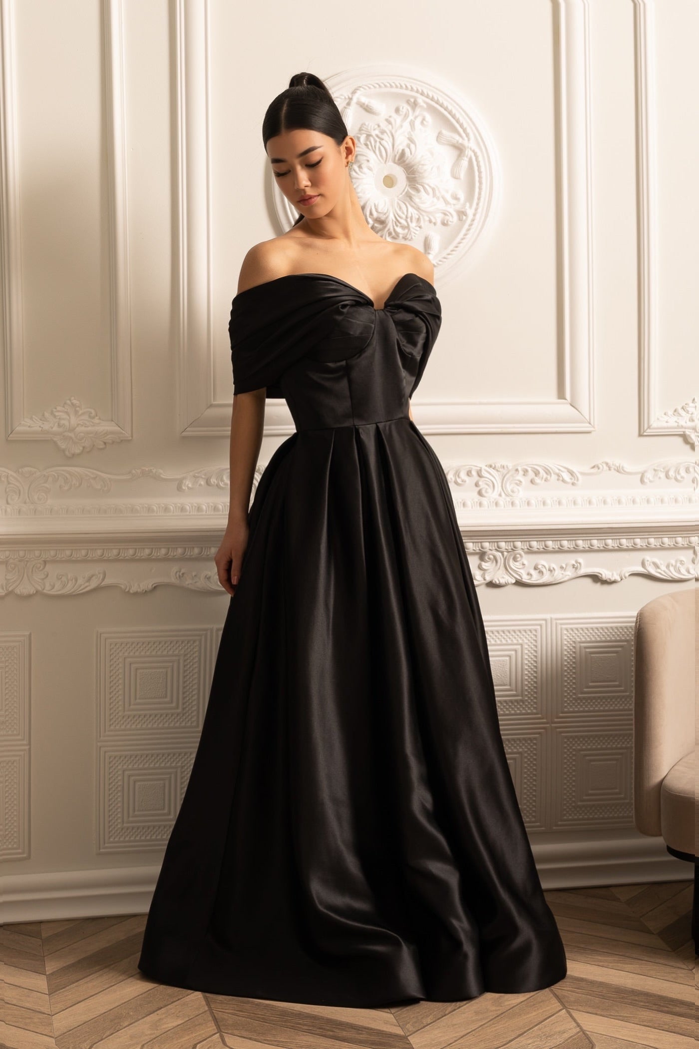 Off-Shoulder Satin Gown With Draping Skirt And Back Laces Closure - Black