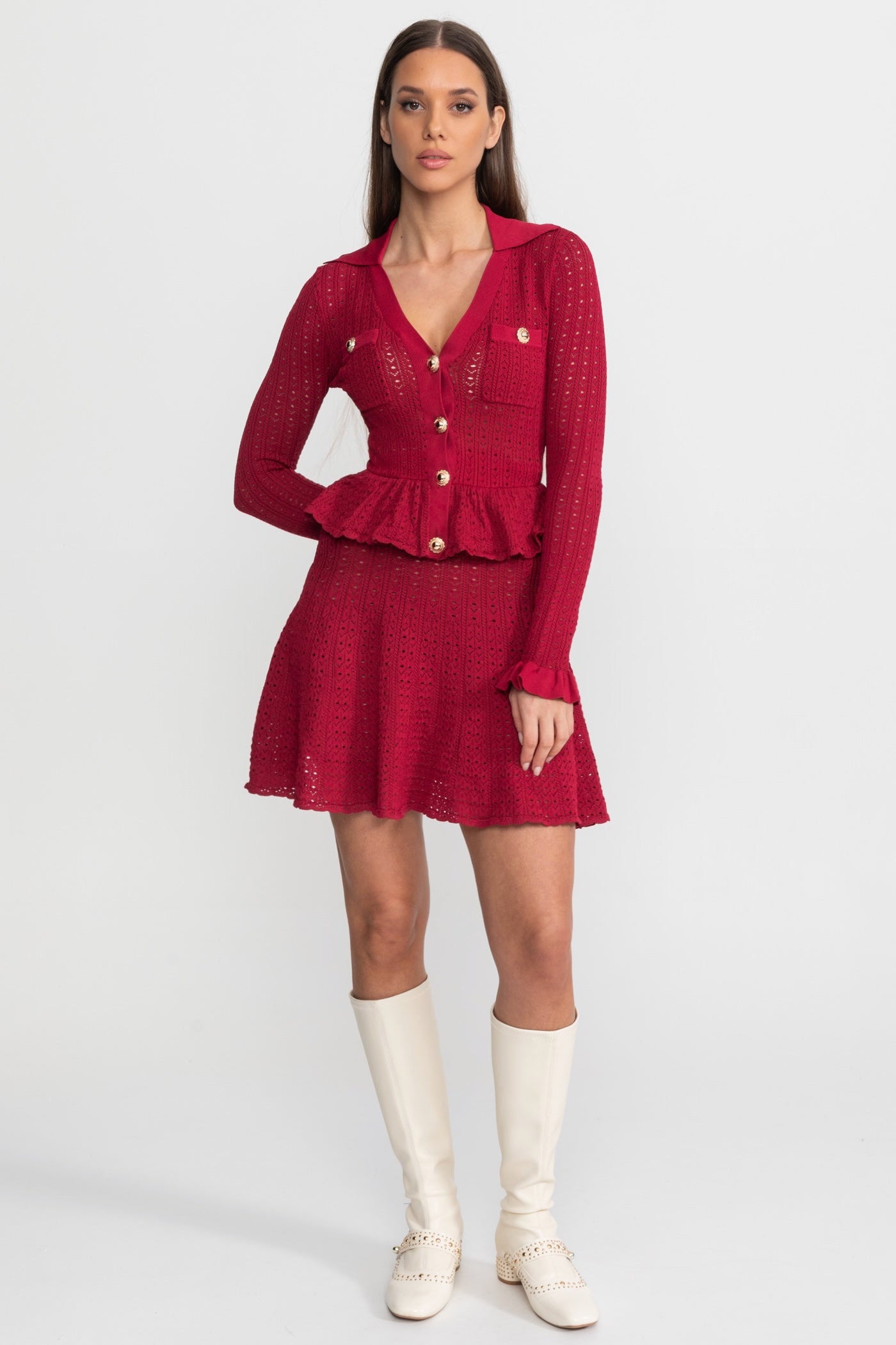 Abito Mini in Maglia Pointelle con Orlo a Balza – Rosso Scuro