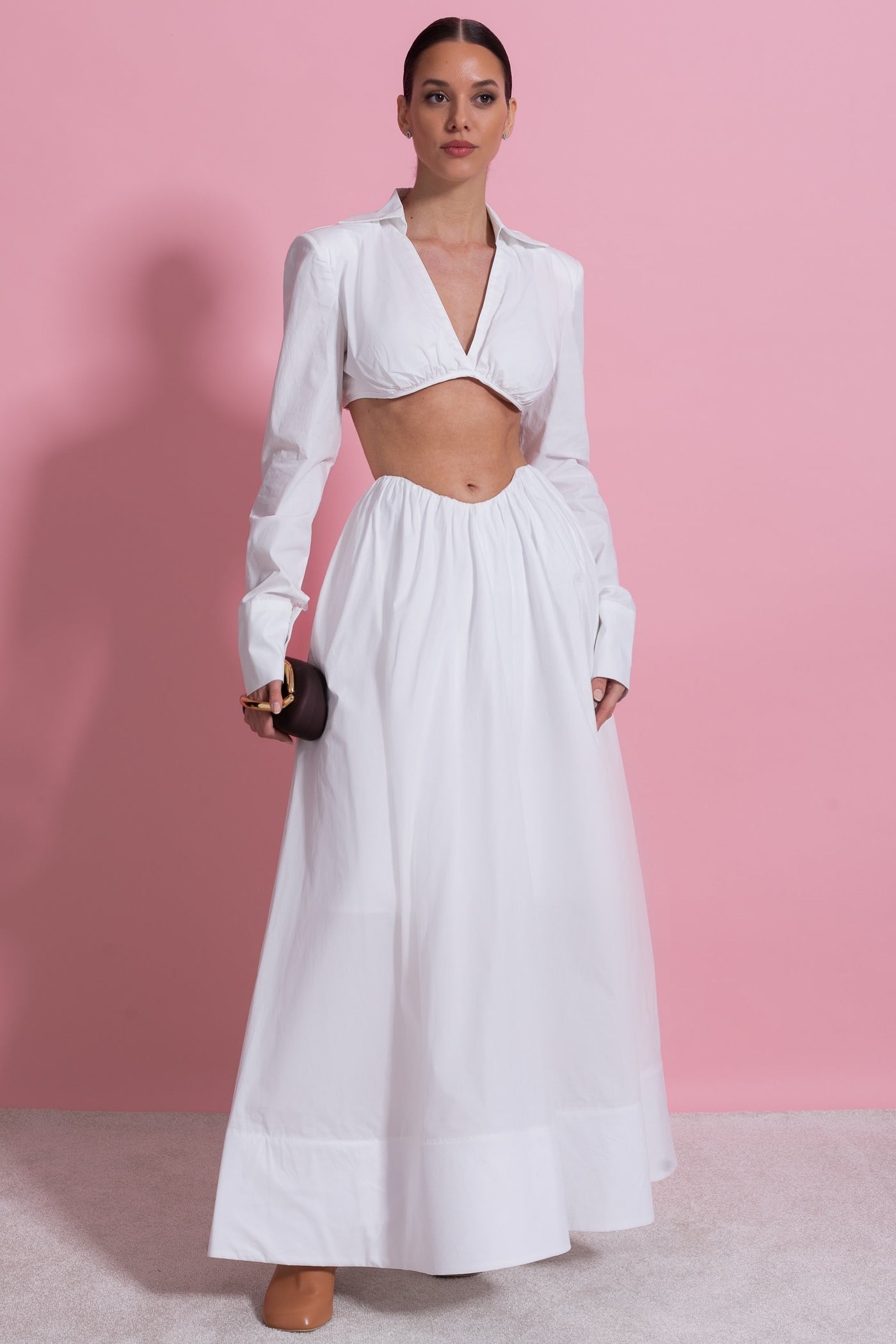 Completo Coordinato a Maniche Lunghe con Top Corto Sotto il Seno - Bianco