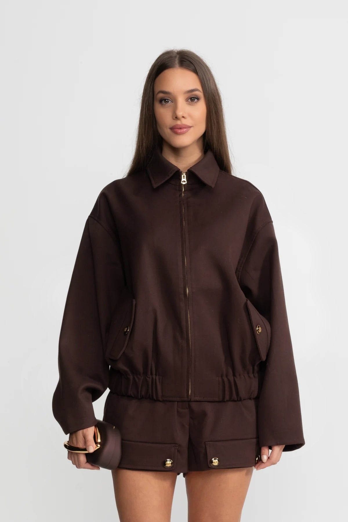 Completo Coordinato con Giacca Utility con Zip e Shorts Abbinati - Marrone
