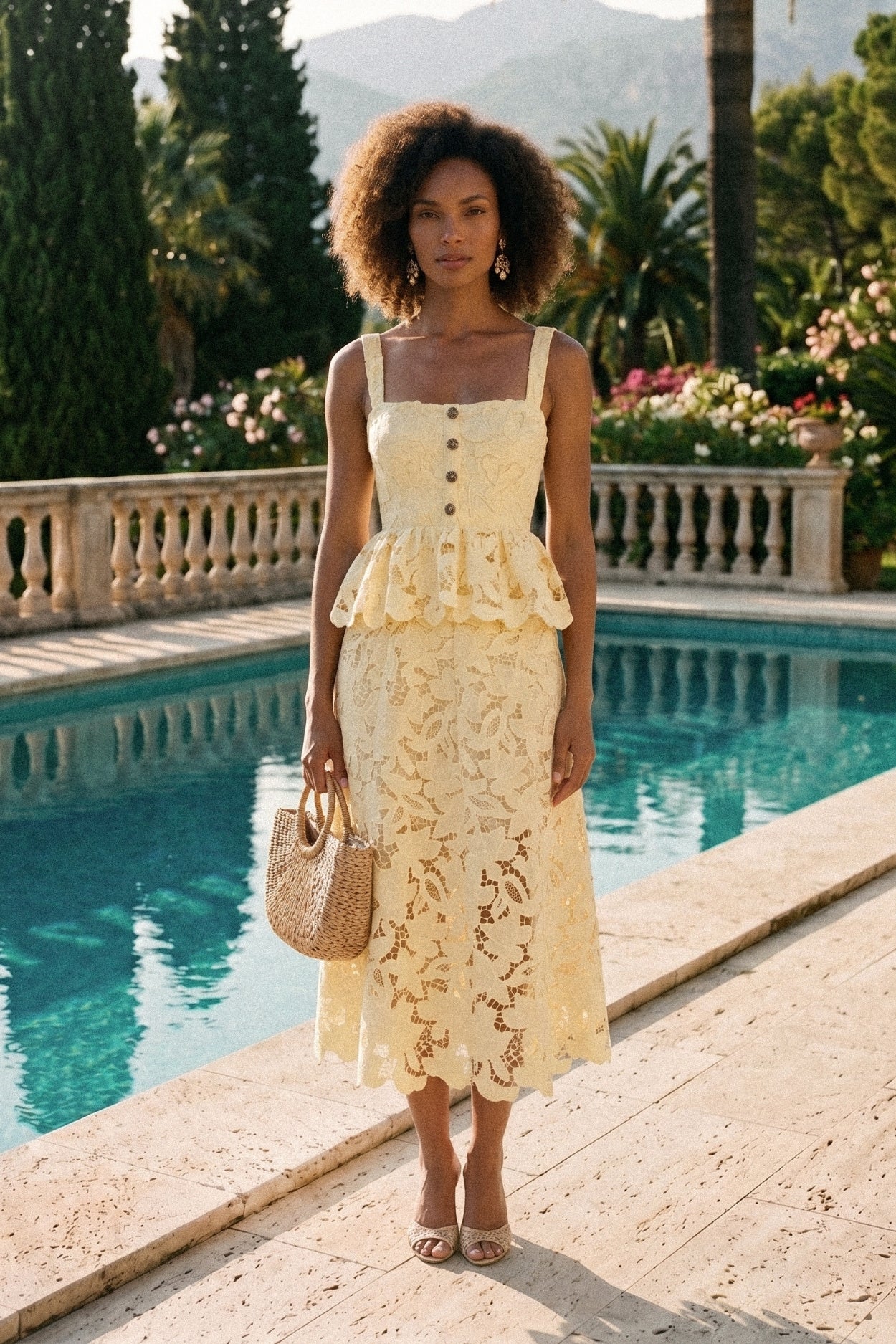 Abito senza maniche in pizzo con peplum, gonna midi e bottoni dorati - Giallo