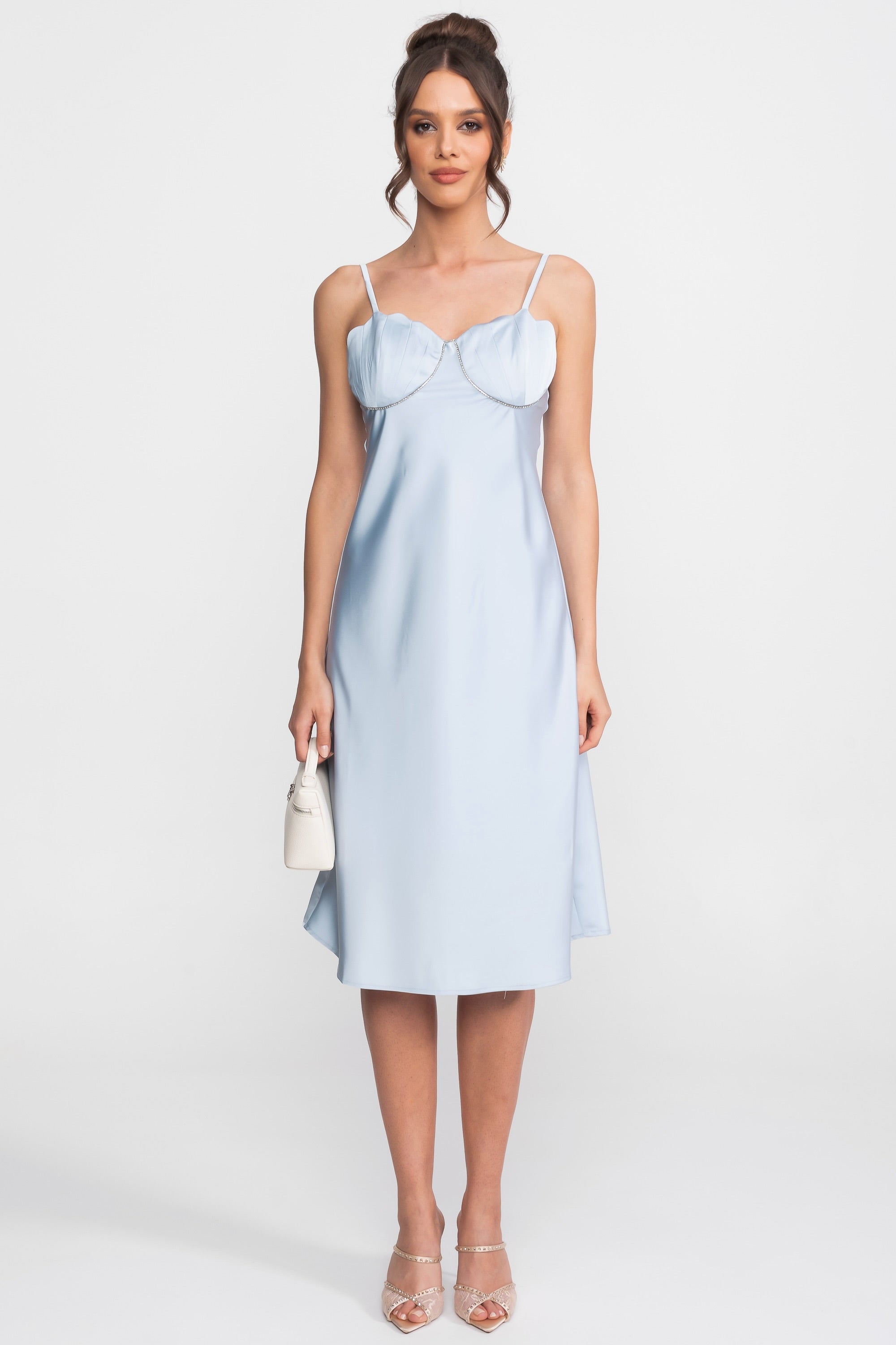 Abito Midi Slip in Satin con Corpino Bustier a Cuore - Light Blue