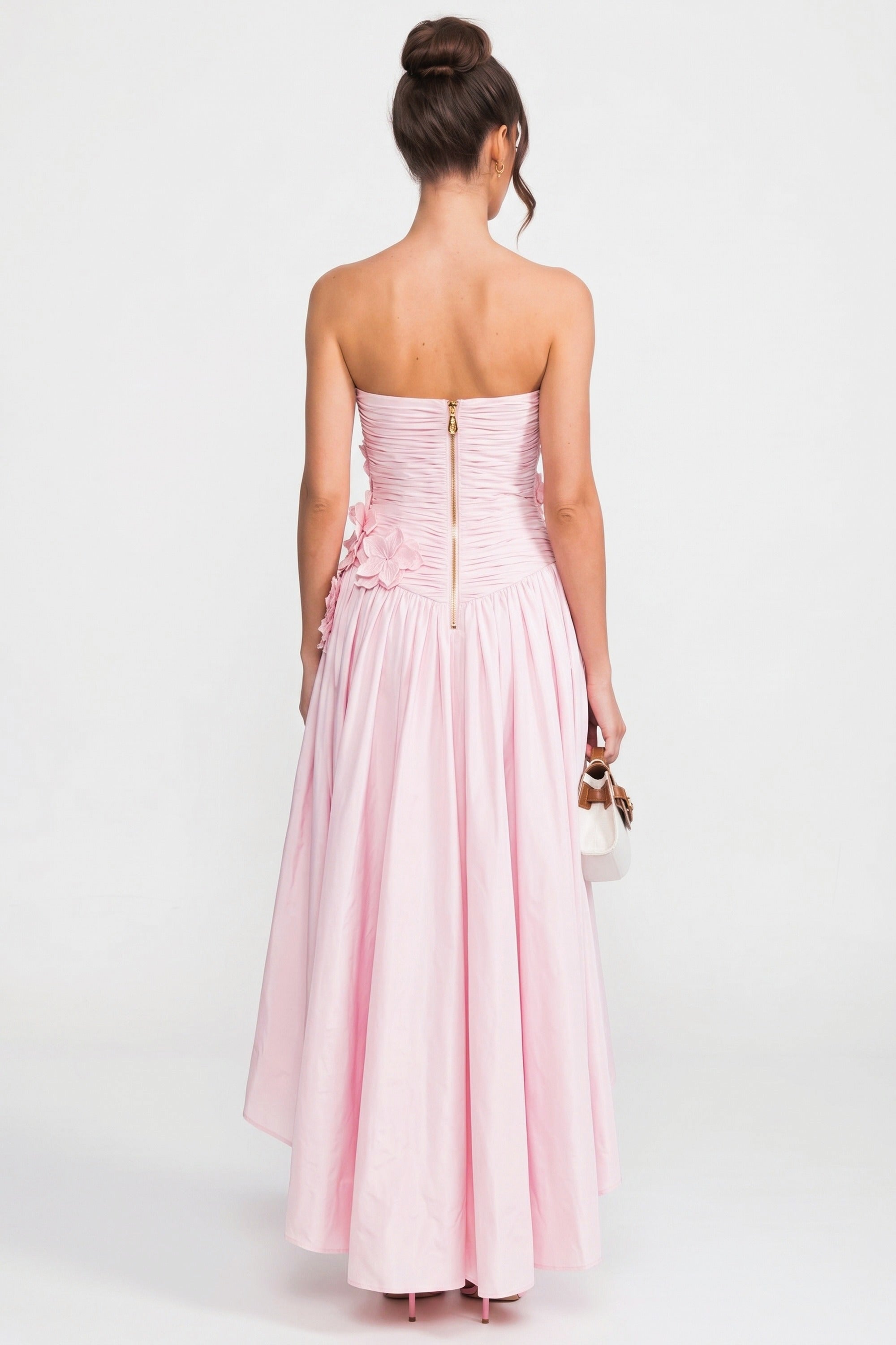 Abito da ballo senza spalline con corpetto floreale 3D e gonna ampia - Pink