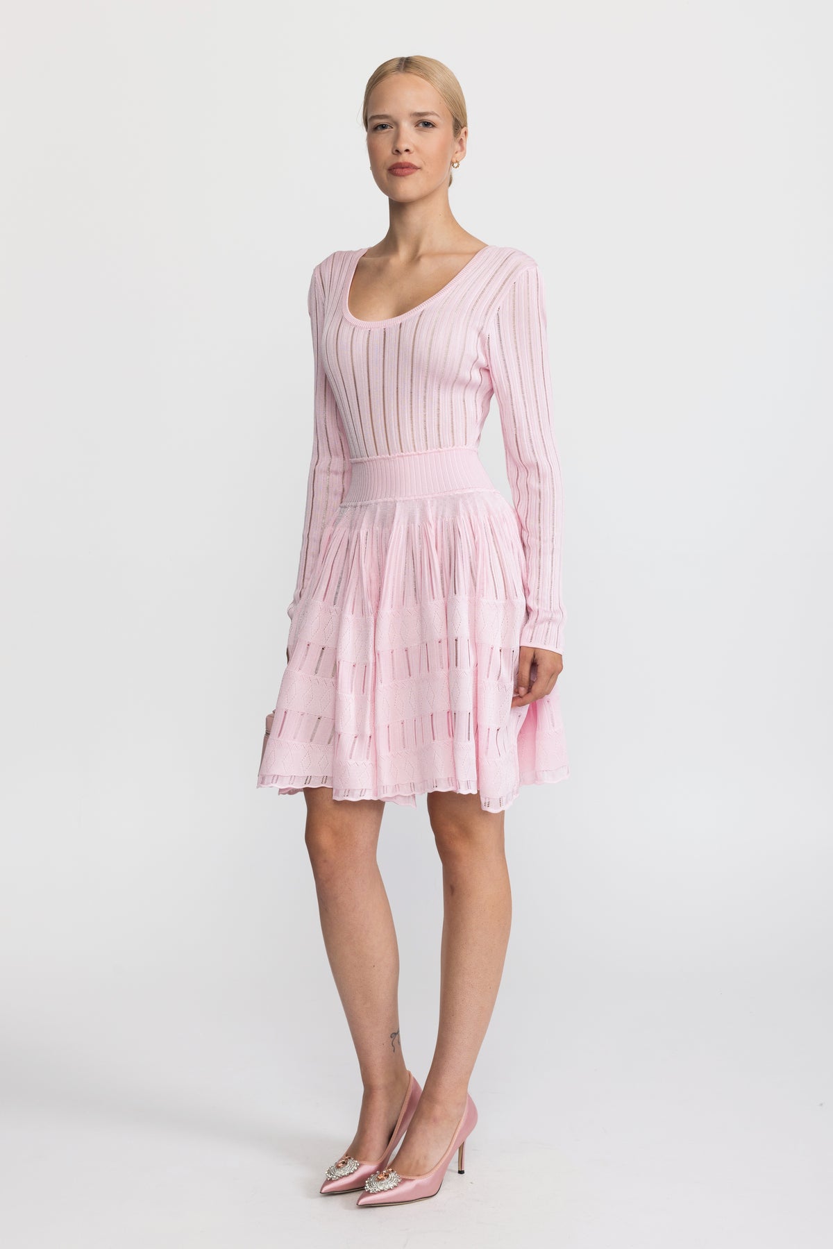 Ladder Knit Scoop Neck Skater Mini Dress - Pink