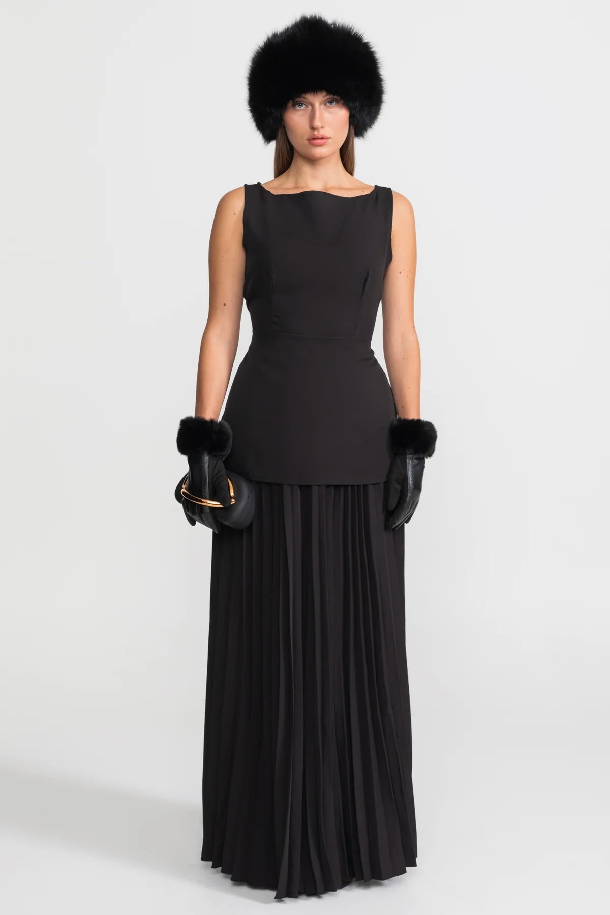 Sleeveless Maxi Co-Ord With Tailored Bodice And Pleated Skirt - Black