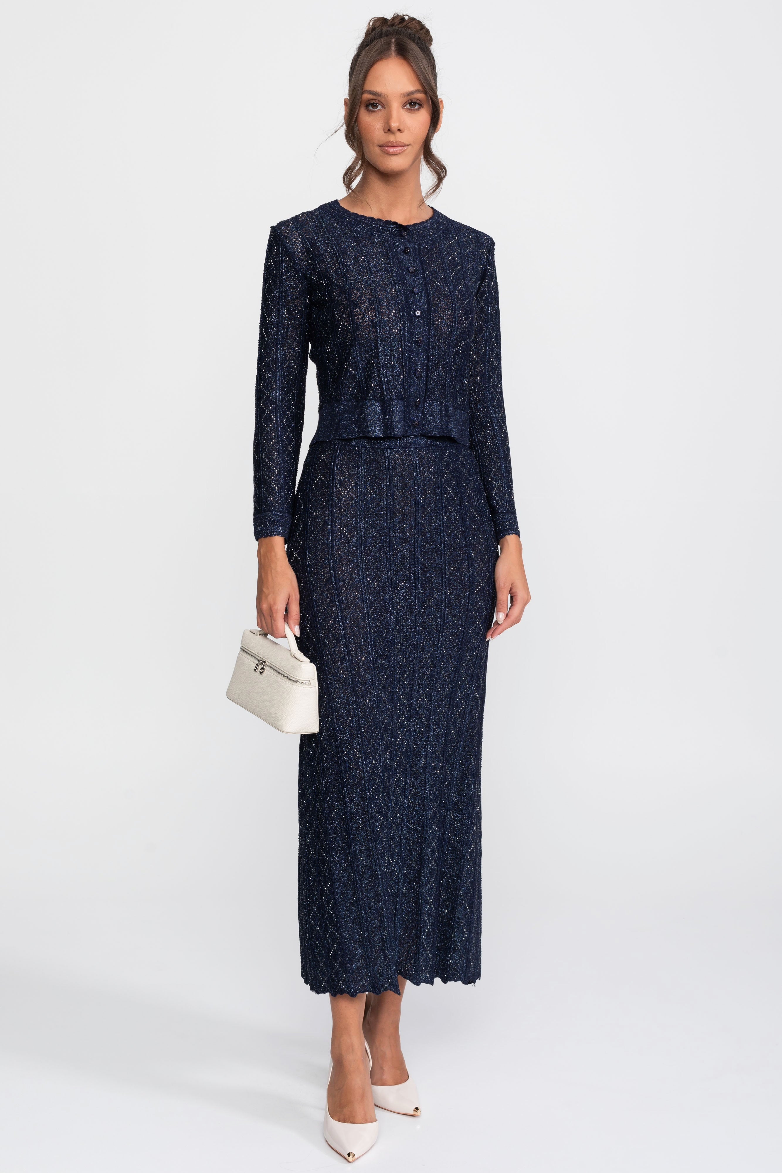 Coordinato in pizzo con motivo a ромbi, maniche lunghe e gonna maxi - Navy