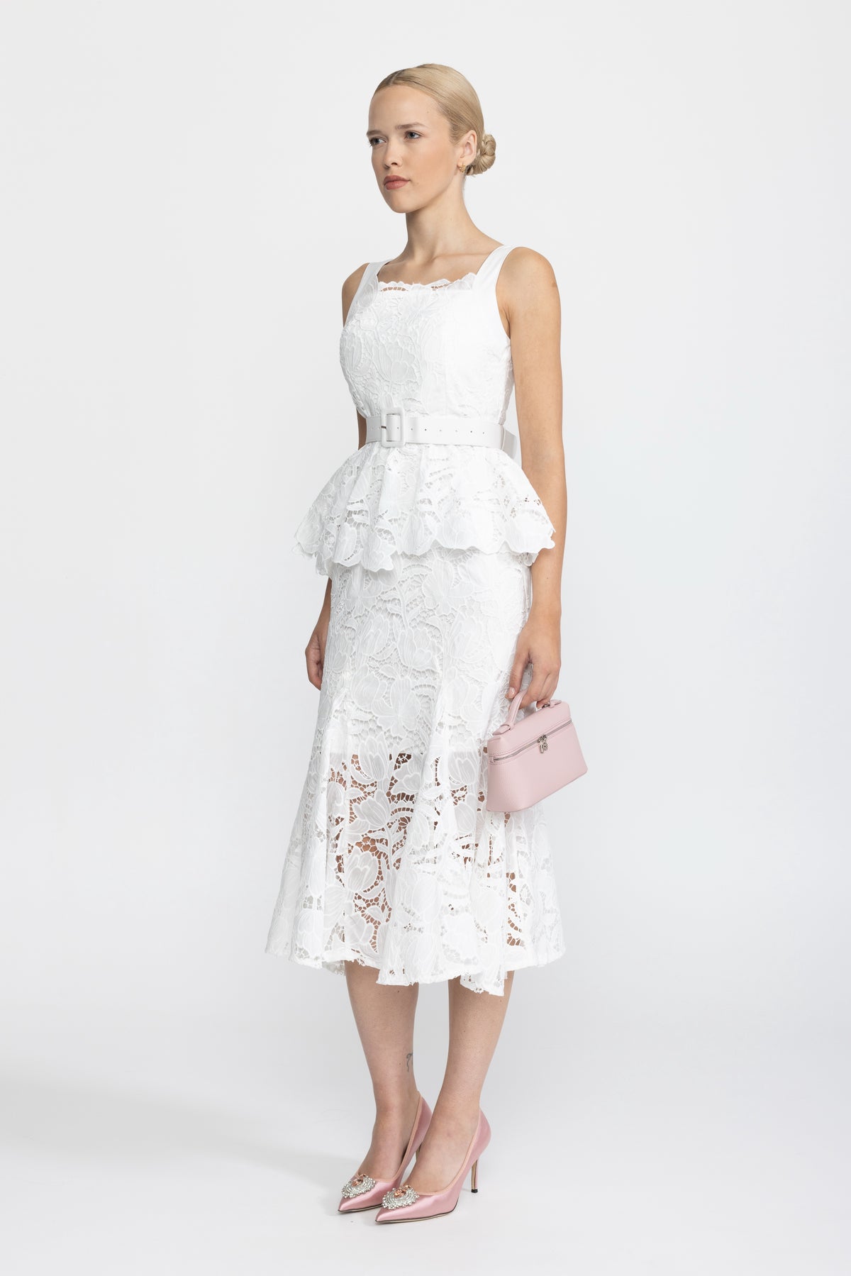 Abito midi peplum in pizzo guipure - Bianco