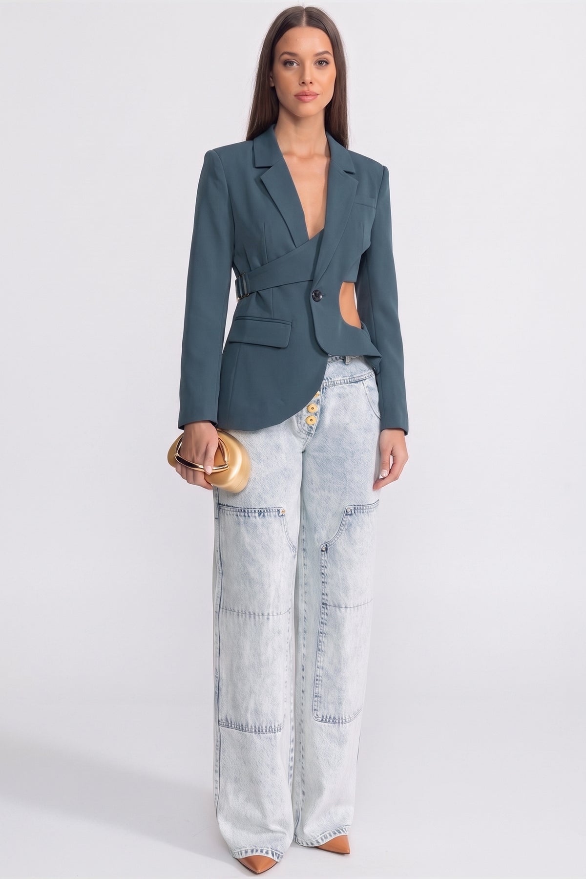 Blazer asimmetrico cut-out con dettaglio cintura - verde petrolio