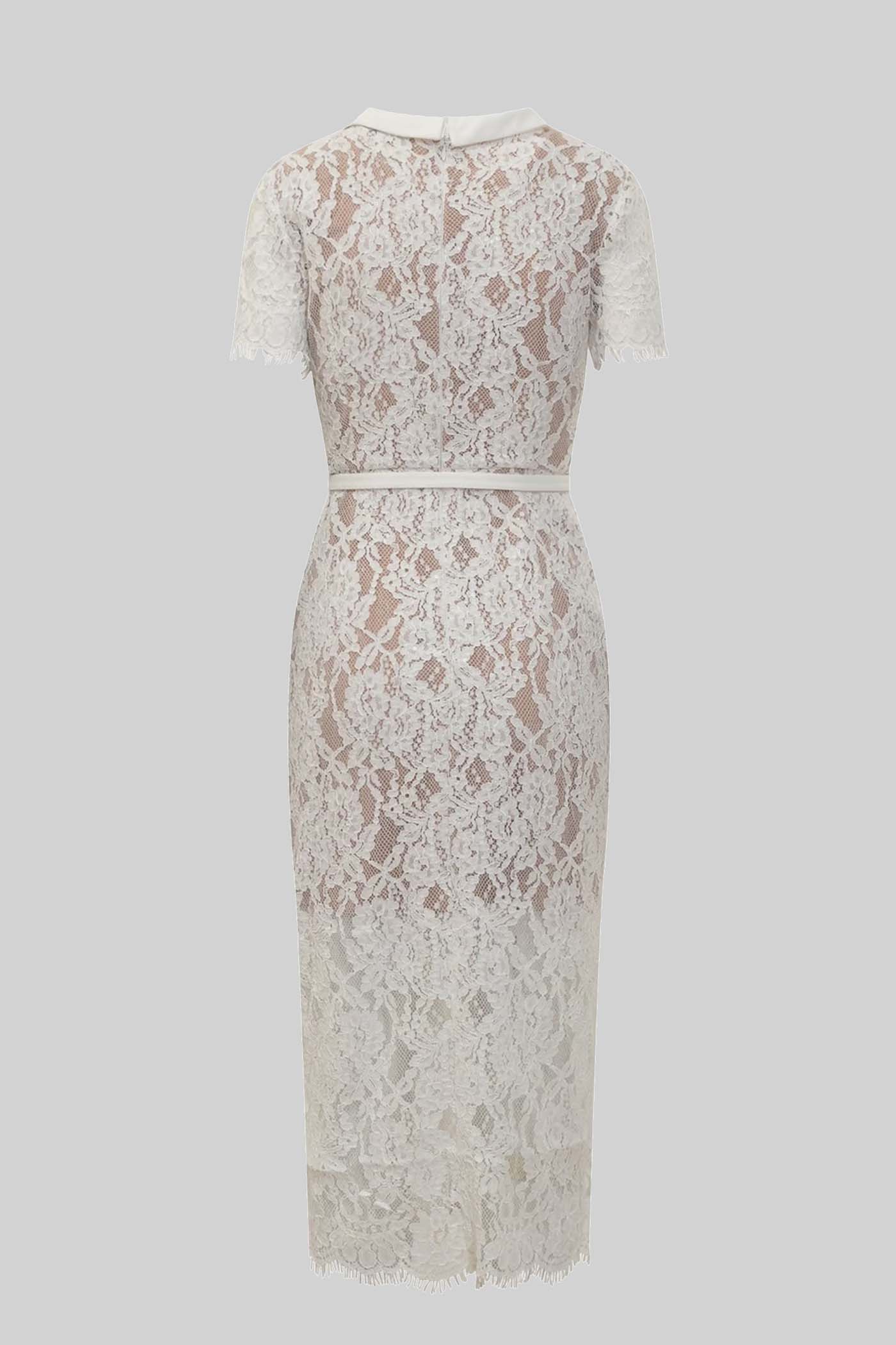 Elegante Abito Corto in Pizzo con Maniche Corte e Cintura in Vita Coordinata - Bianco