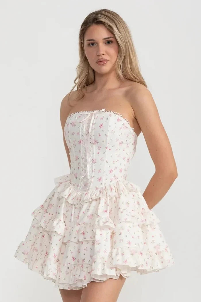 Corset Mini Dress With Ribbon Lacing Detail And Multi-Layered Ruffled Skirt - White/Pink