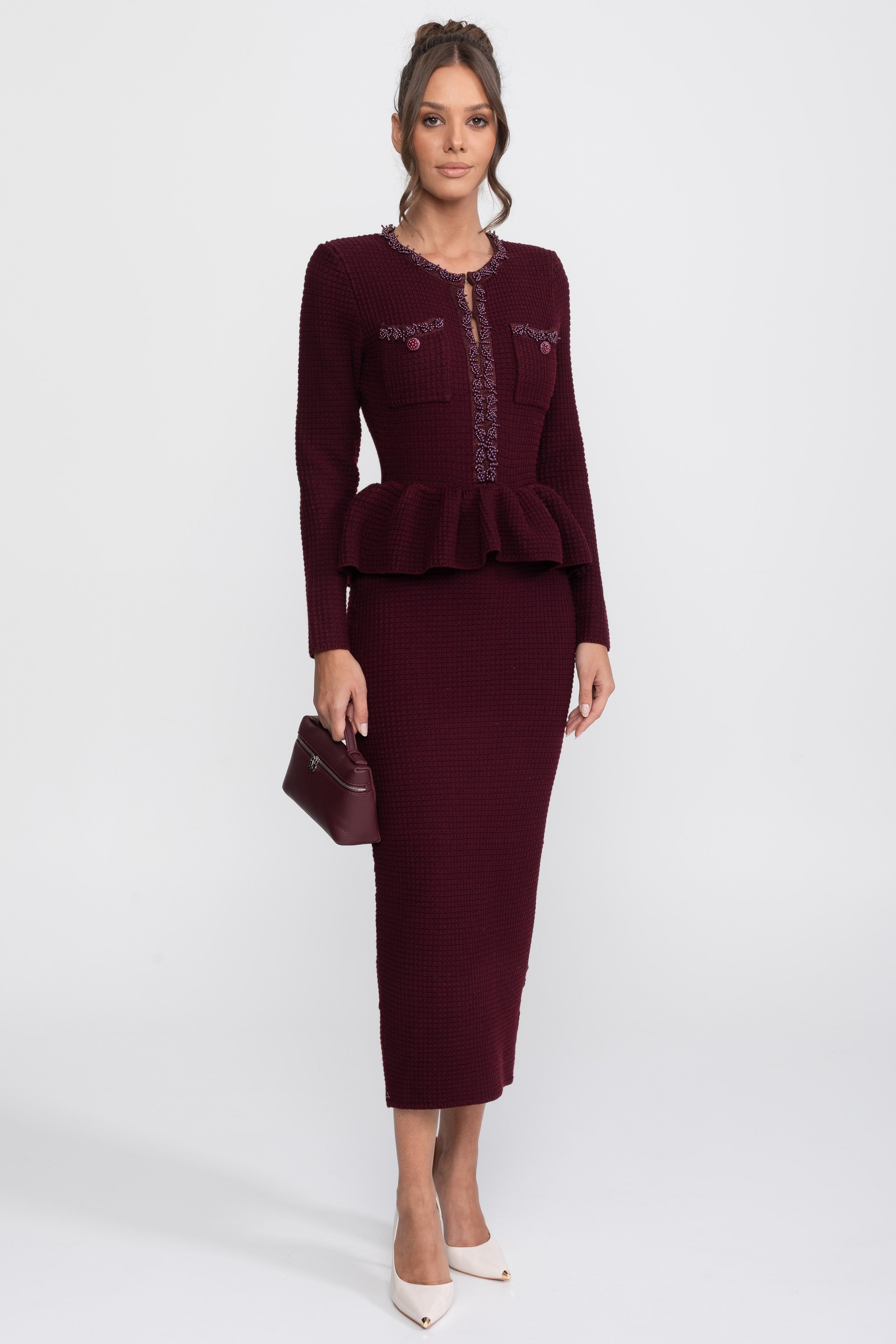 Abito Peplum in Maglia con Rifiniture Frangia e Tasche Frontali sul Petto - Burgundy
