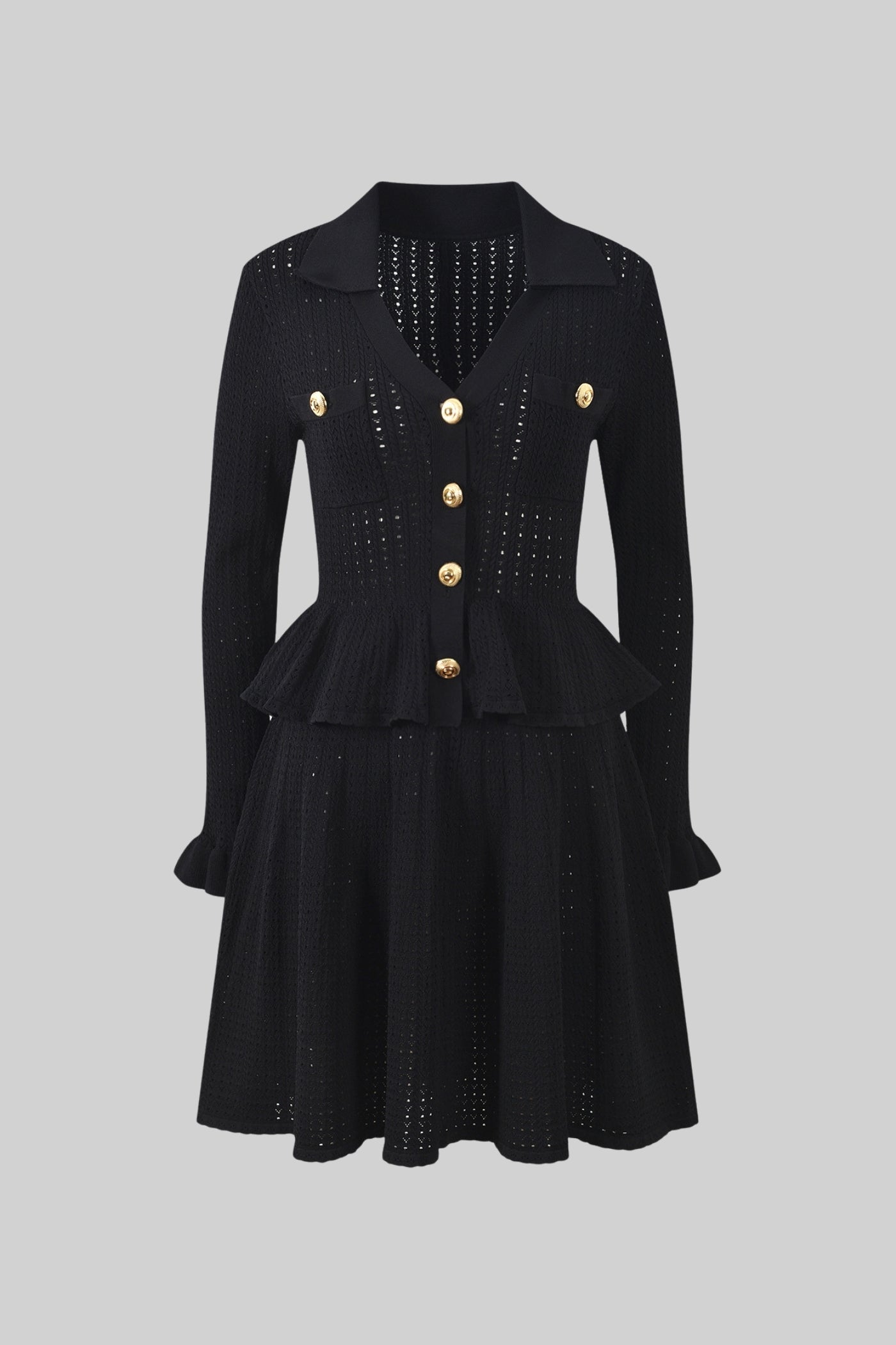 Abito mini in maglia con vita peplum e dettagli di bottoni dorati - Nero