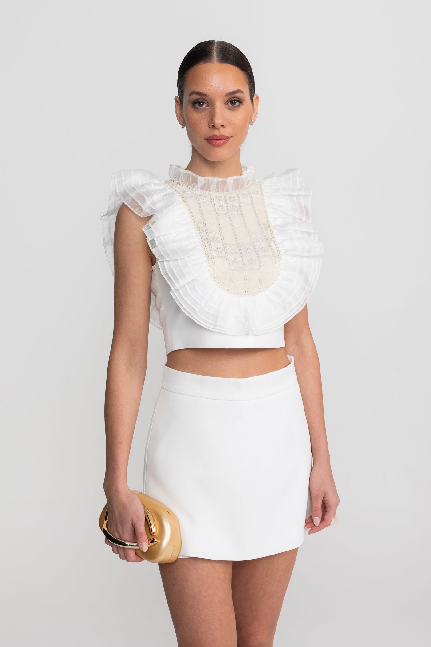 Sleeveless Co-Ord Set With Pleated Ruffle Bib Detail - White