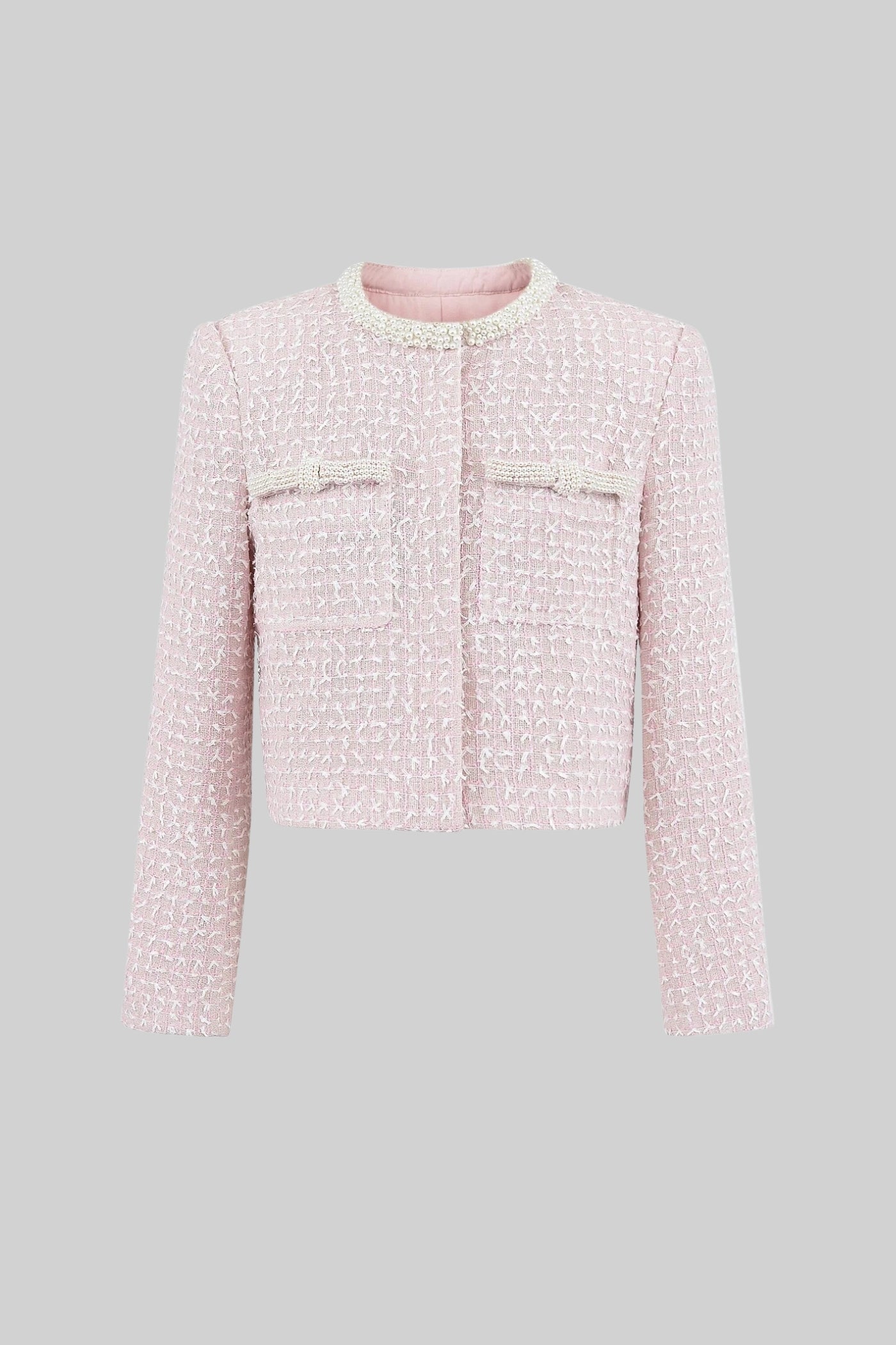 Embellished Tweed Jacket With Delicate Pearl Trim - Light Pink