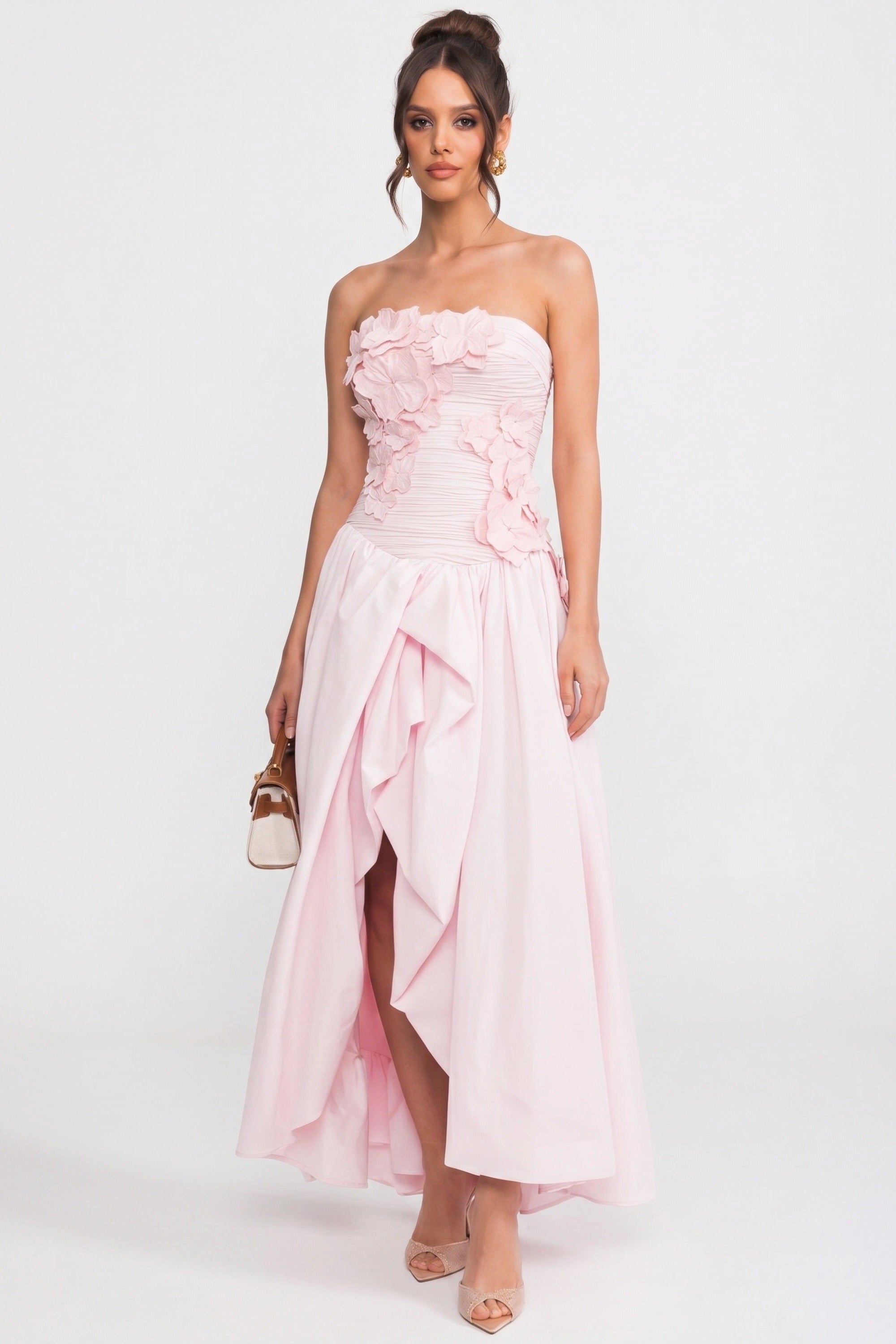 Abito da ballo senza spalline con corpetto floreale 3D e gonna ampia - Pink