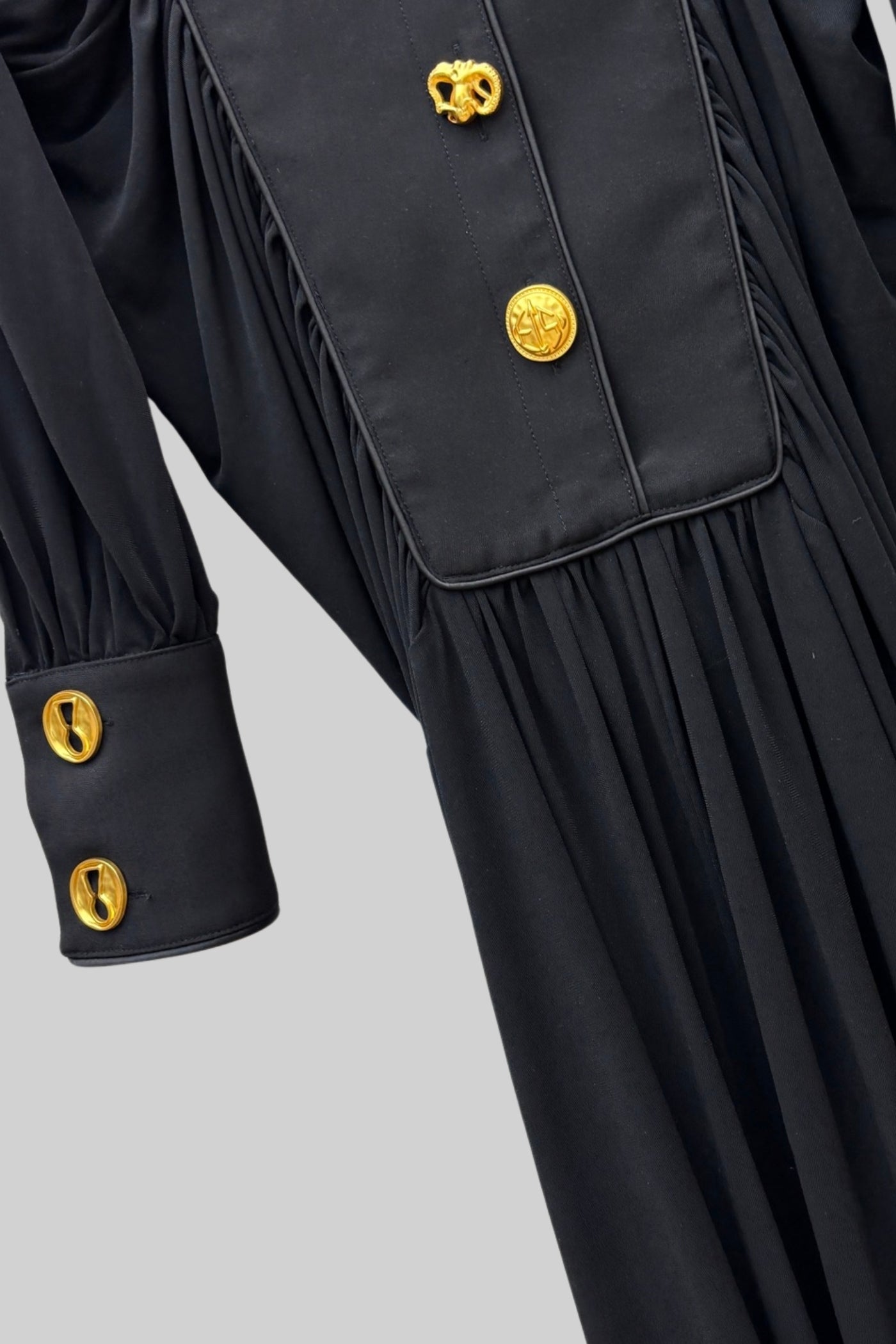 Draped Maxi Dress with Gold Statement Buttons - Black