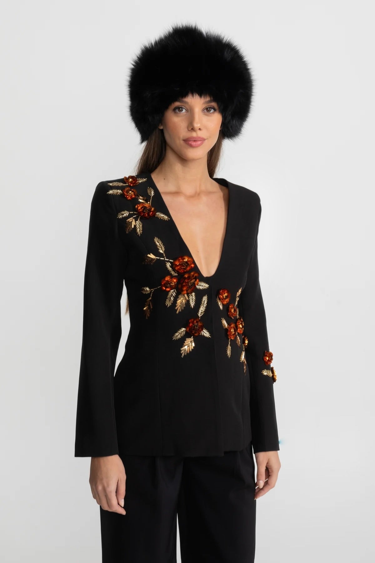 Deep V-Neck Blazer With Intricate Floral Embroidery - Black