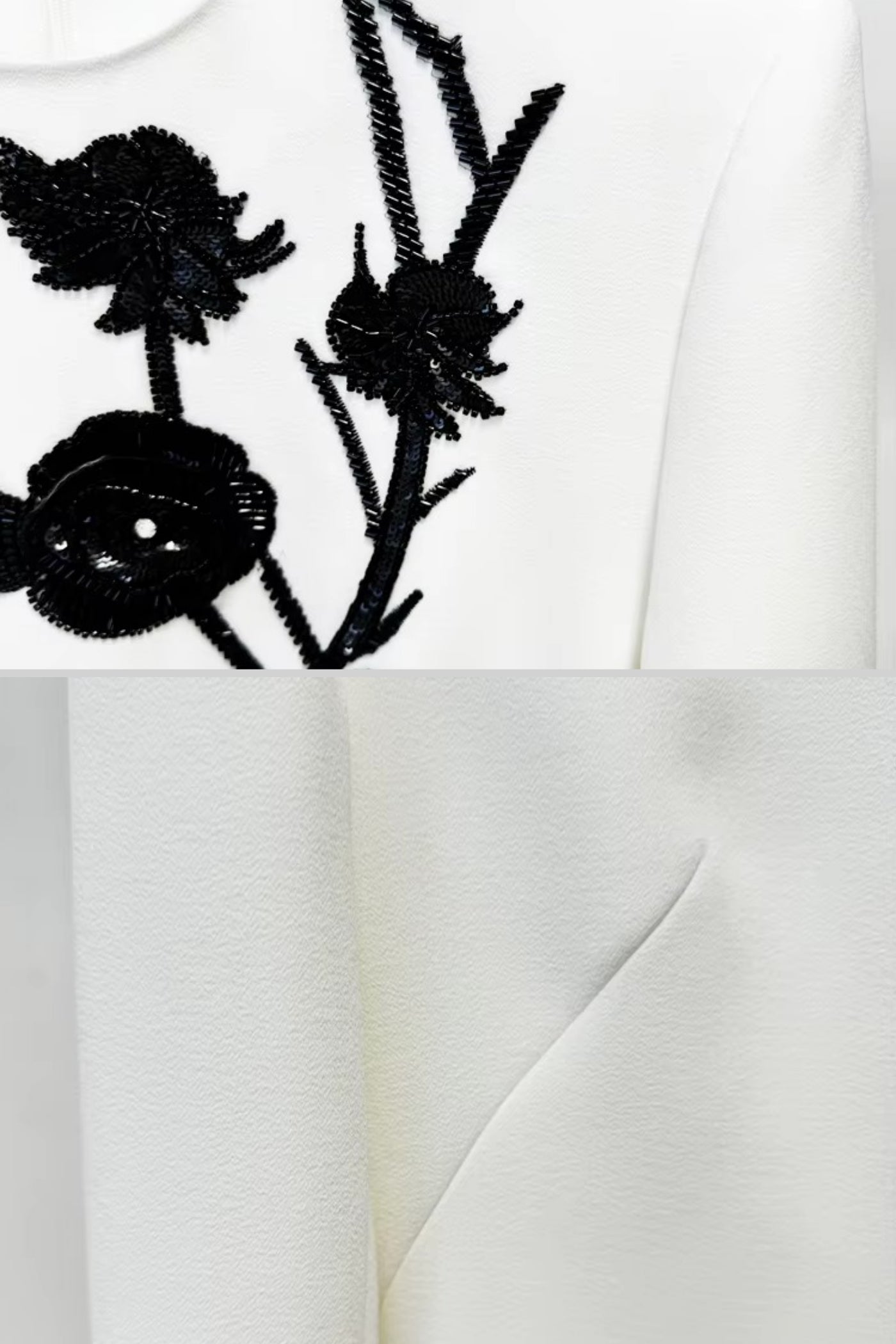 Abito Mini a Maniche Lunghe con Ricamo Floreale a Contrasto - Bianco