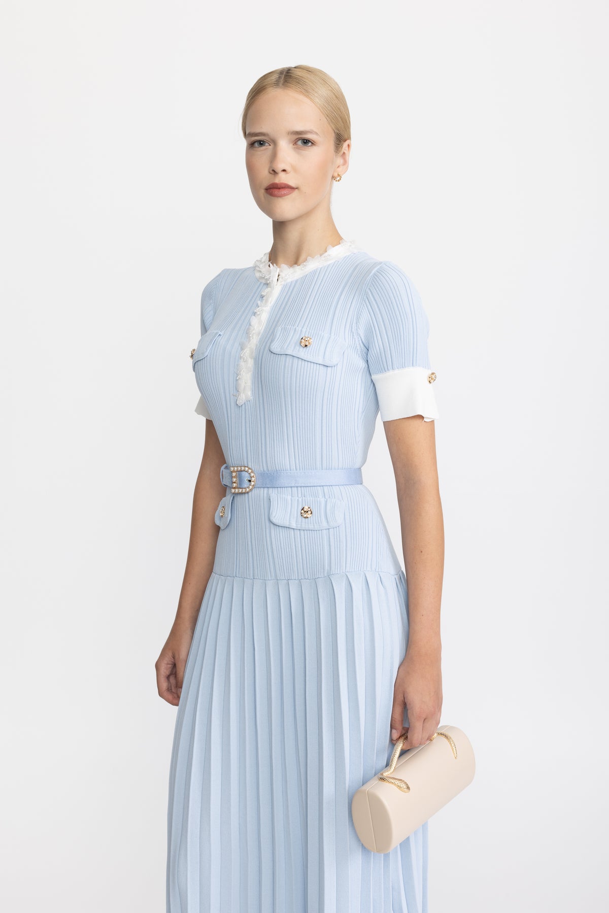 Pleated Knit Ruffle Trim Midi Dress - Light Blue