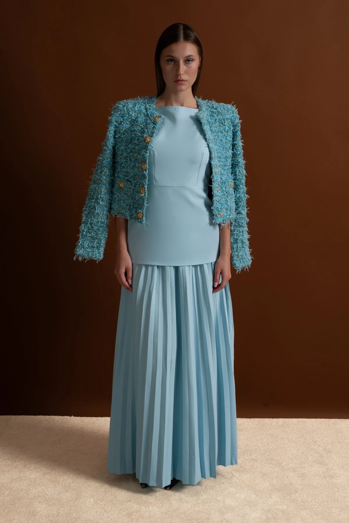 Giacca in Tweed Testurizzato con Decorazioni in Bottone d'Oro – Blue