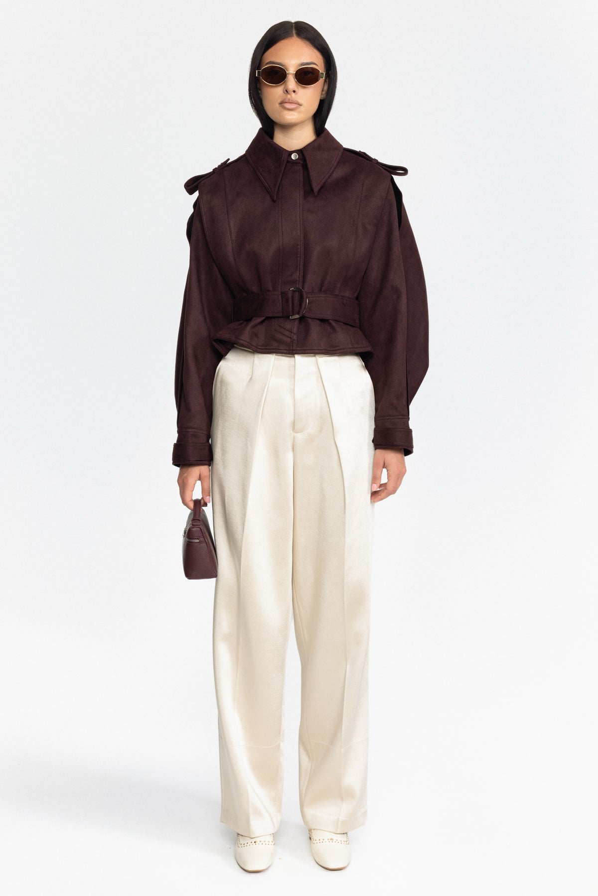 Giacca mantella in suede con cintura - Burgundy