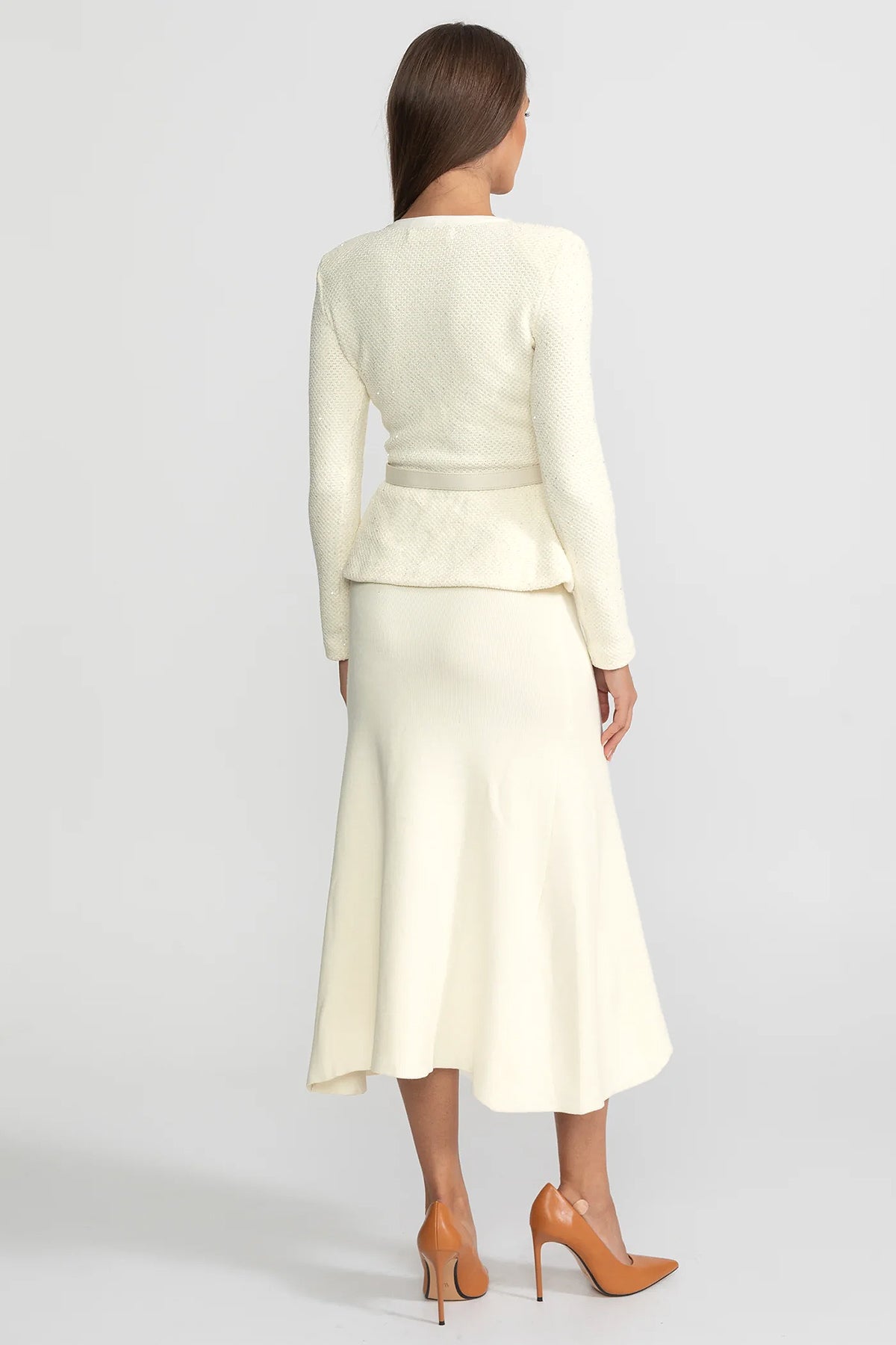 Abito Midi in Maglia Tweed con Peplo – Ivoire