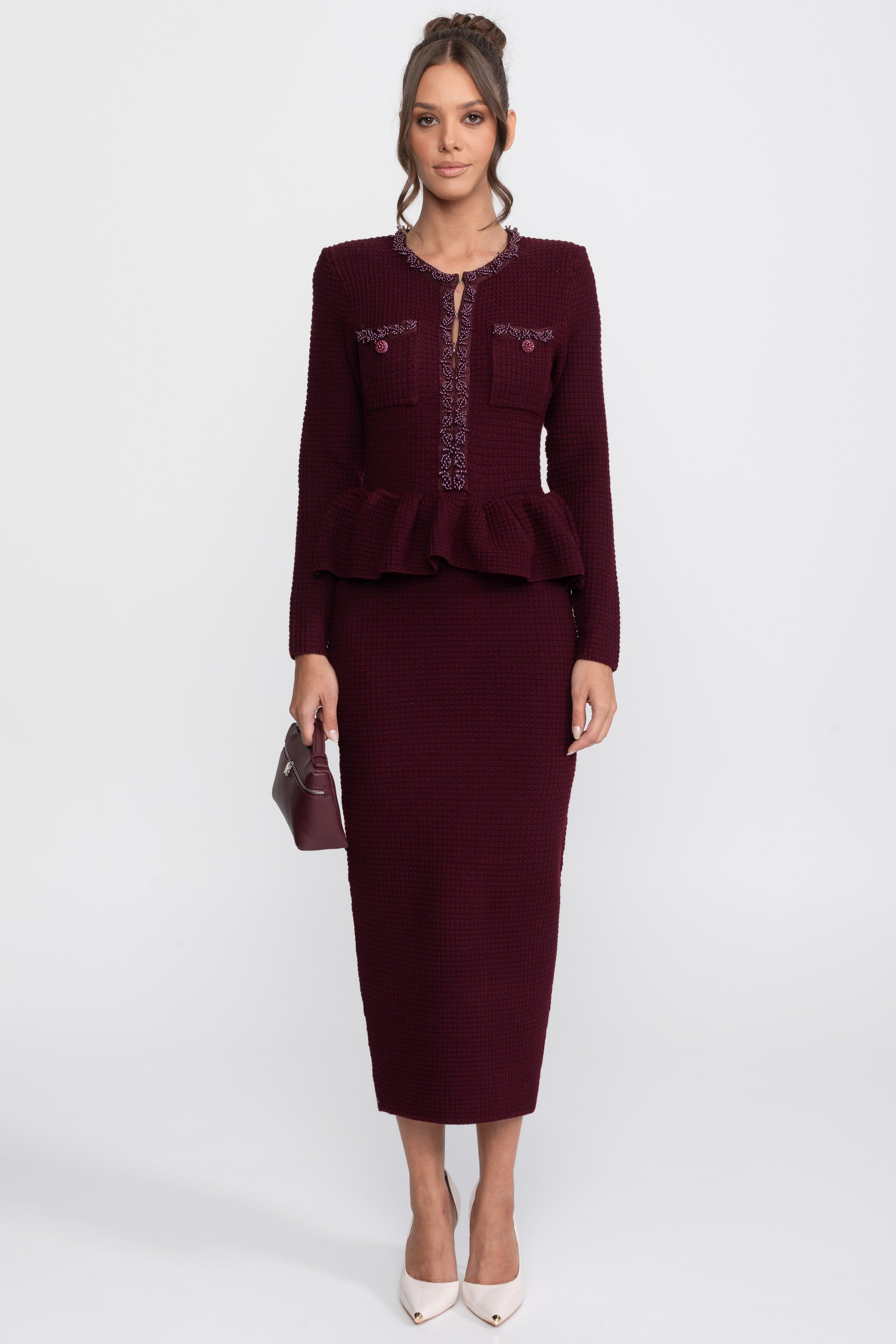 Abito Peplum in Maglia con Rifiniture Frangia e Tasche Frontali sul Petto - Burgundy