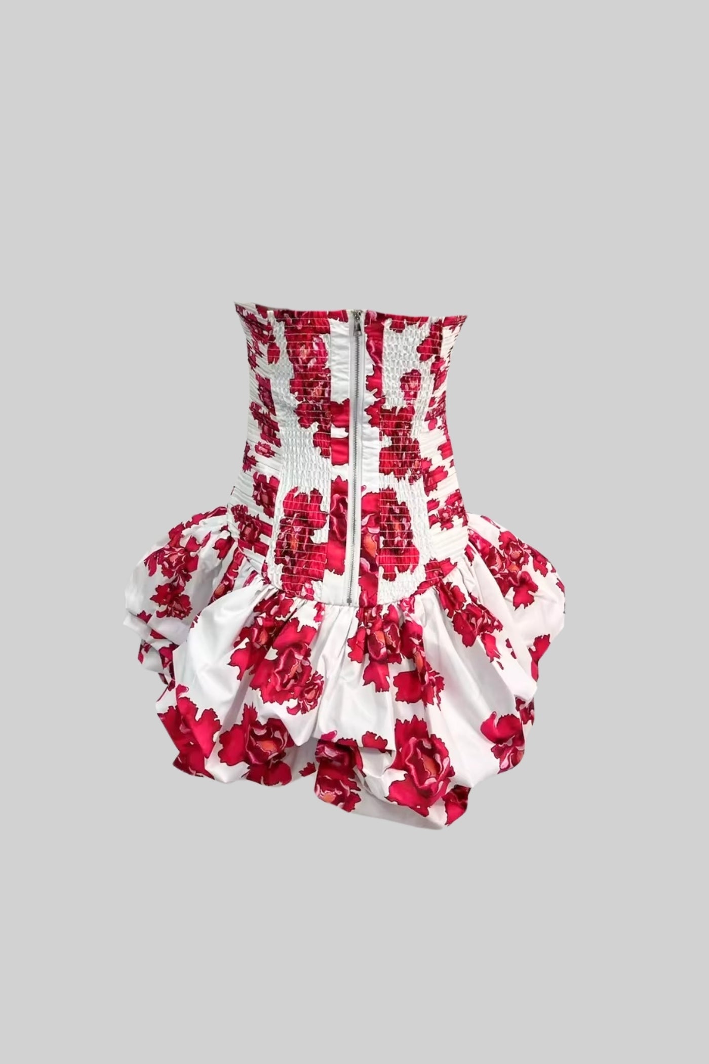 Mini abito con corpetto arricciato e orlo a bolle voluminoso - Bianco/Rosso