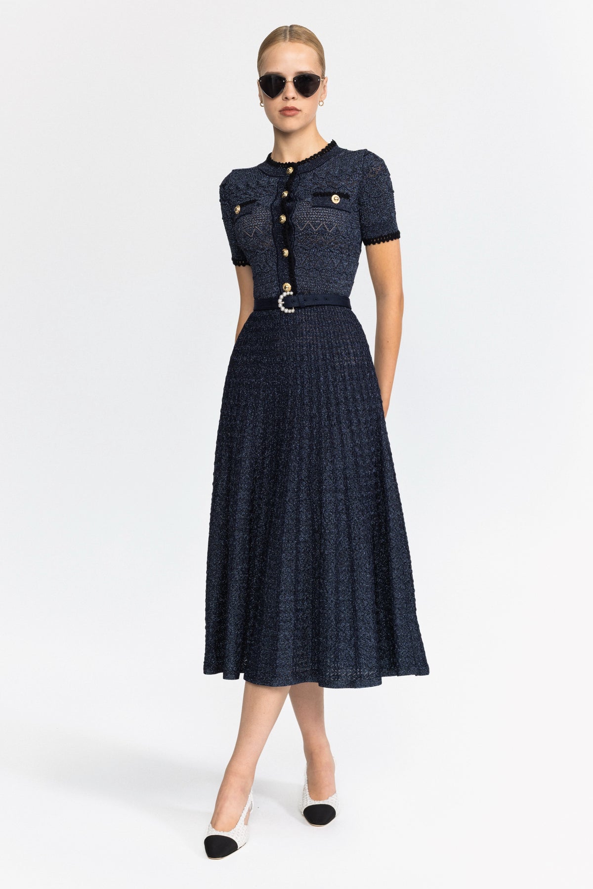 Metallic Pointelle Knit Belted Midi Dress - Navy