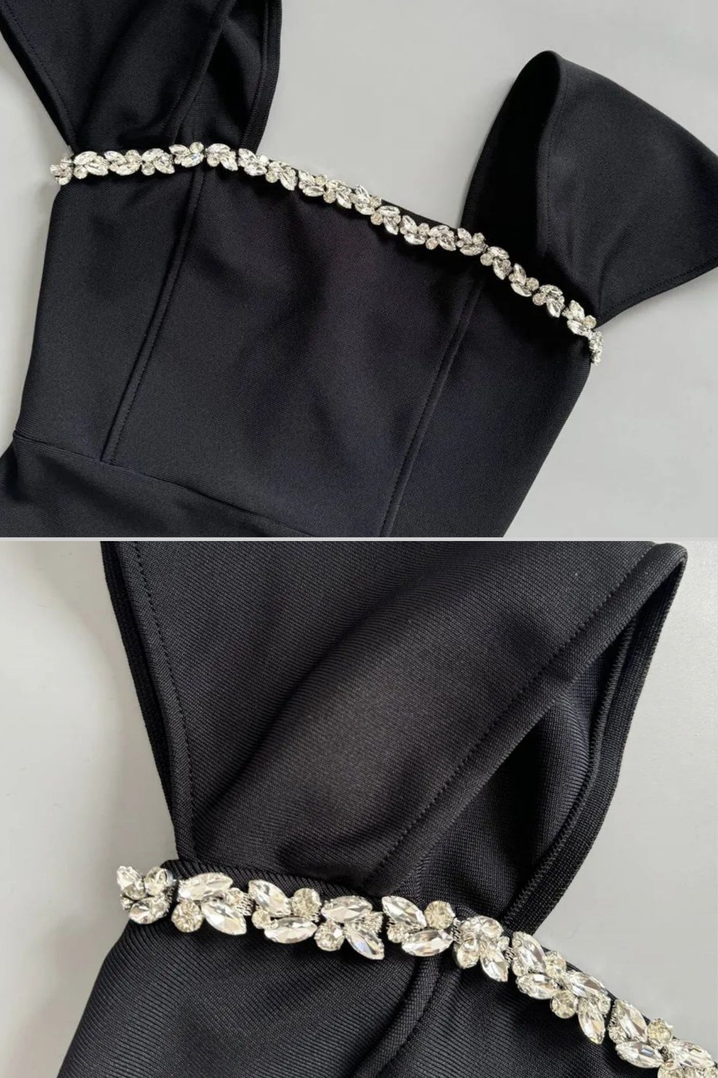 Abito aderente con spalle scoperte e decorazioni in cristallo – Nero