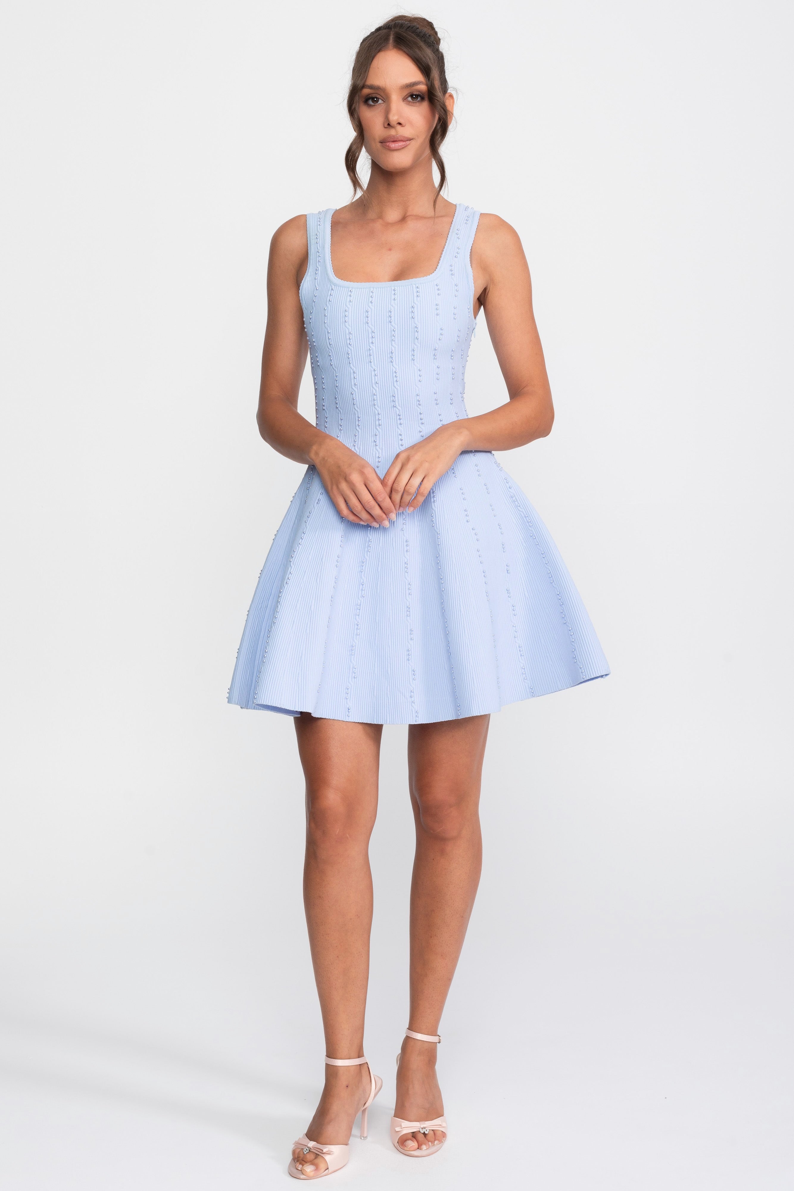Mini abito a coste con perle e scollo quadrato - Light Blue