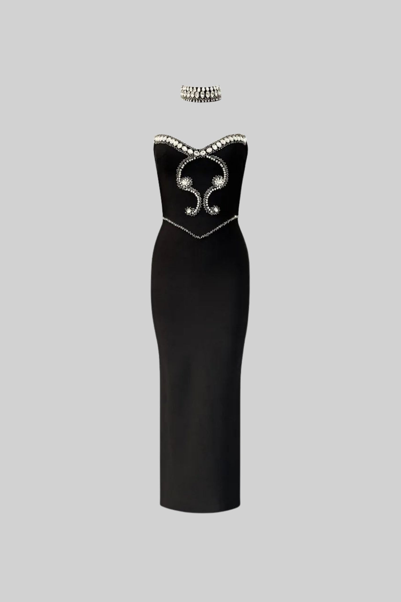 Crystal-Embellished Strapless Gown with Choker – Black