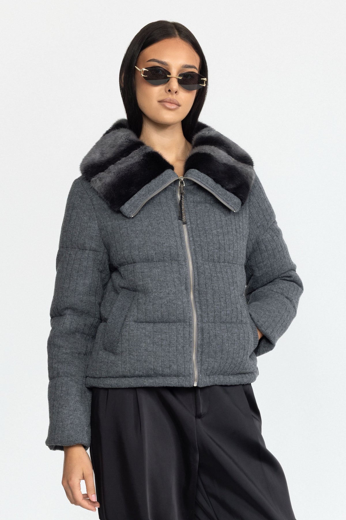 Piumino in maglia con collo in visone - Grigio