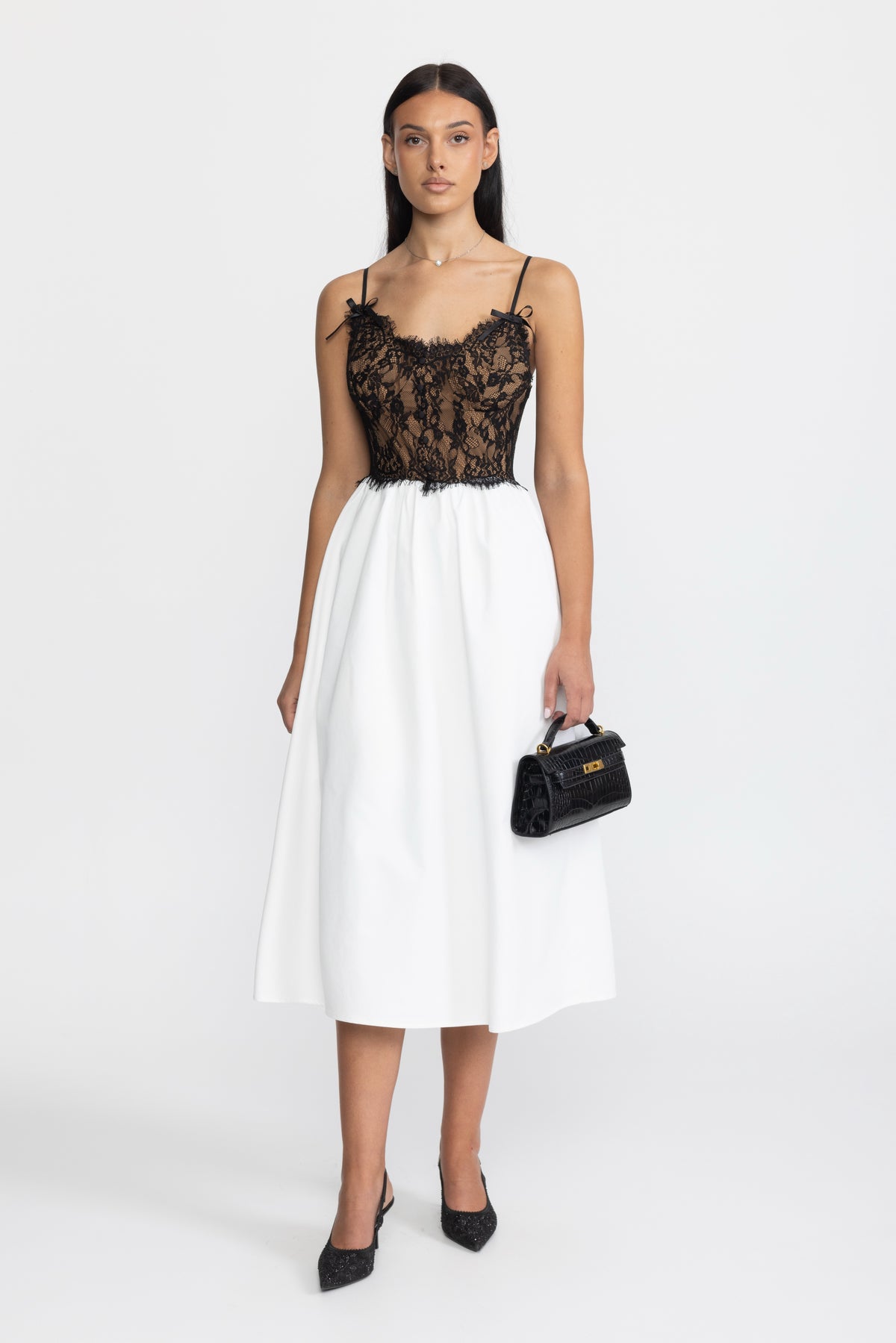 Abito midi in popeline con bustier in pizzo - nero e bianco