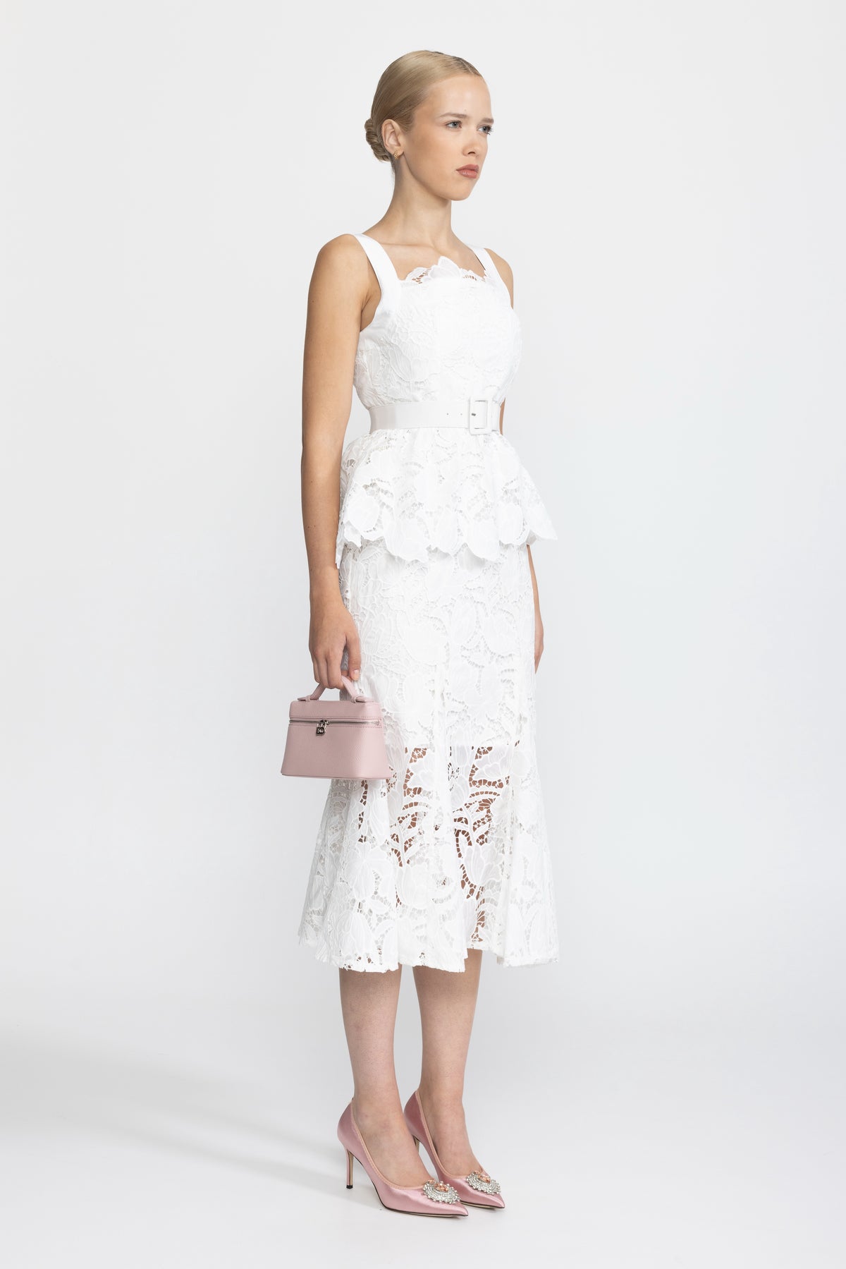 Abito midi peplum in pizzo guipure - Bianco