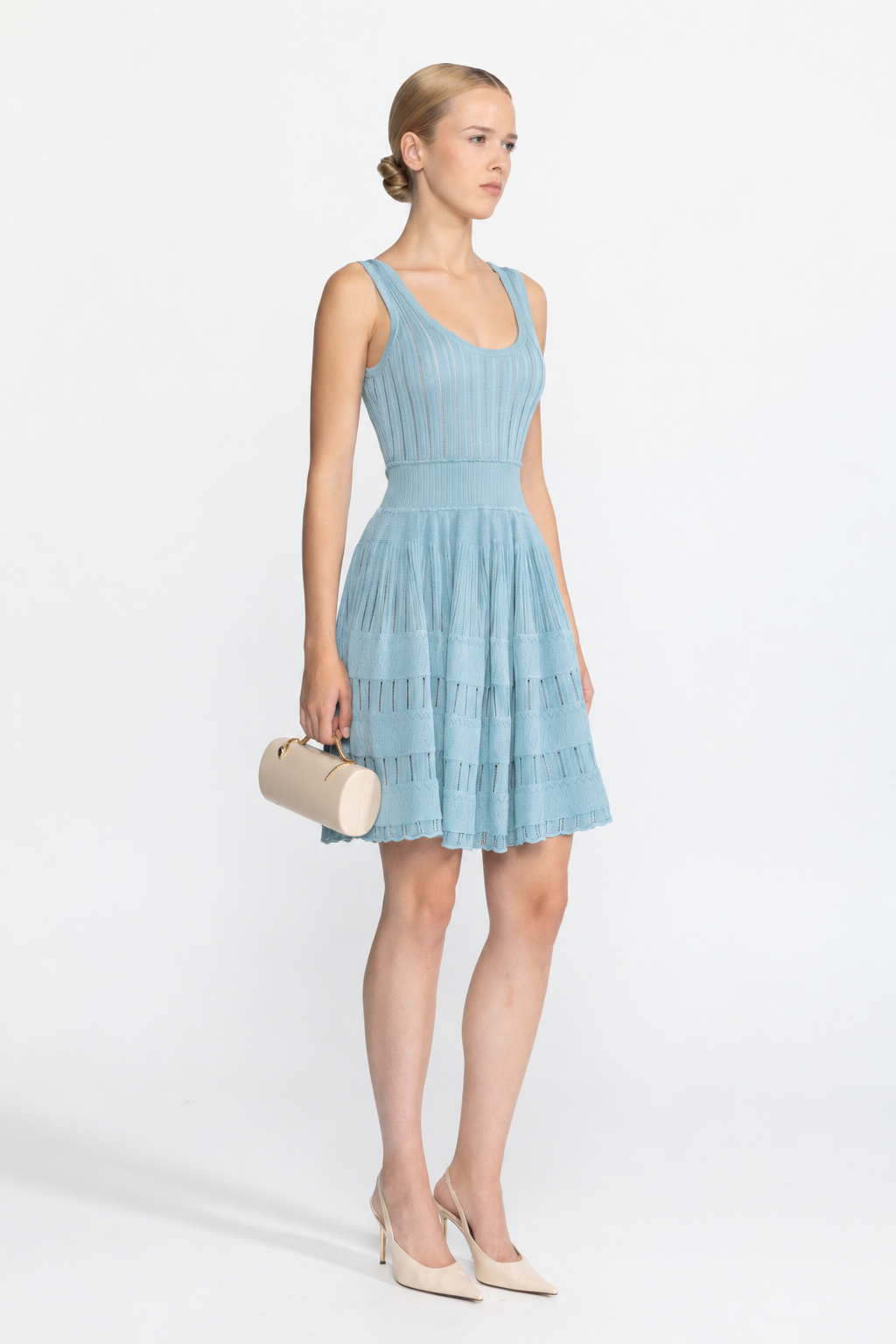Rib Pointelle Knit Cropped Cardigan and Skater Dress Set - Light Blue