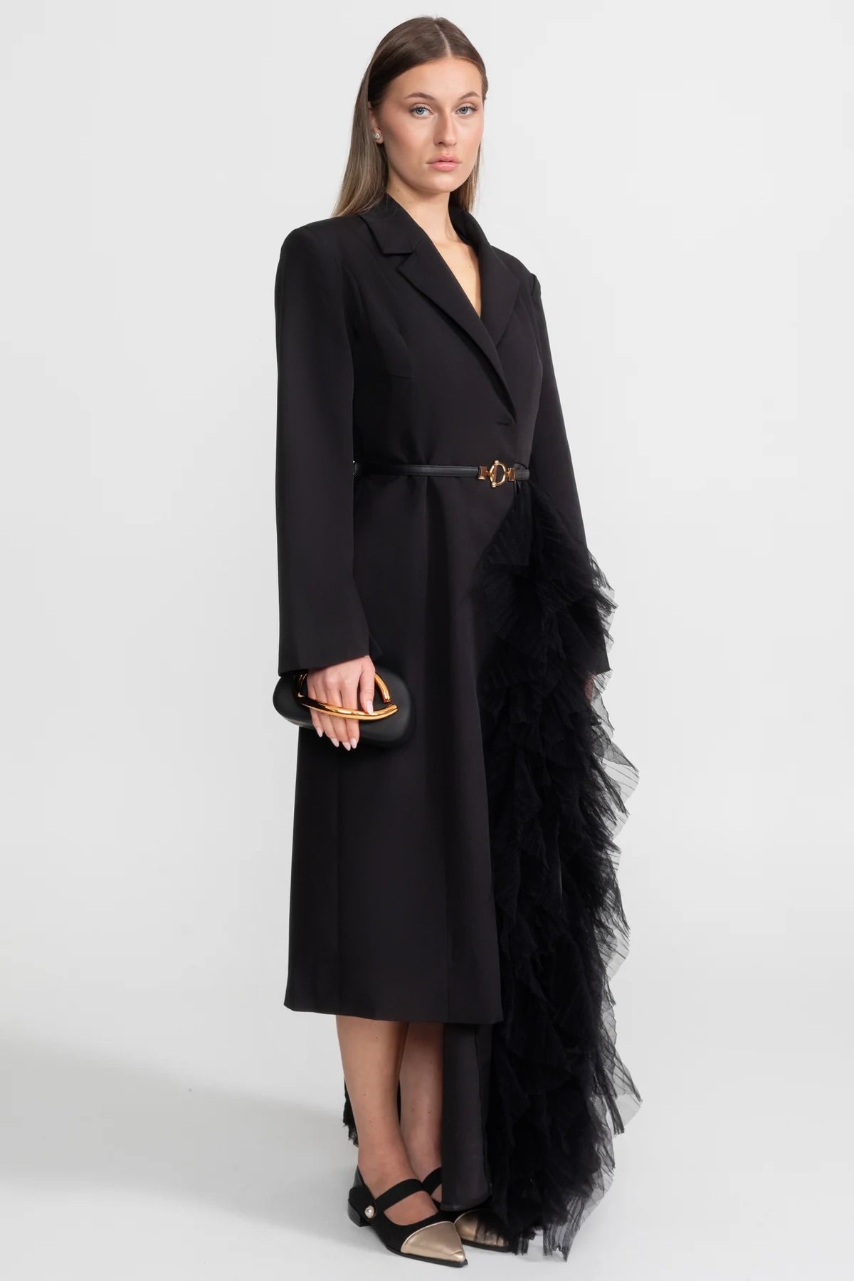 Tulle Cascade Blazer Dress With Notched Lapels – Black