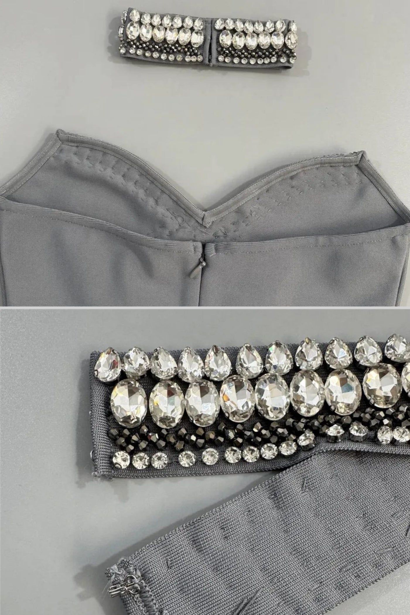 Abito senza spalline impreziosito da cristalli con choker – Grigio