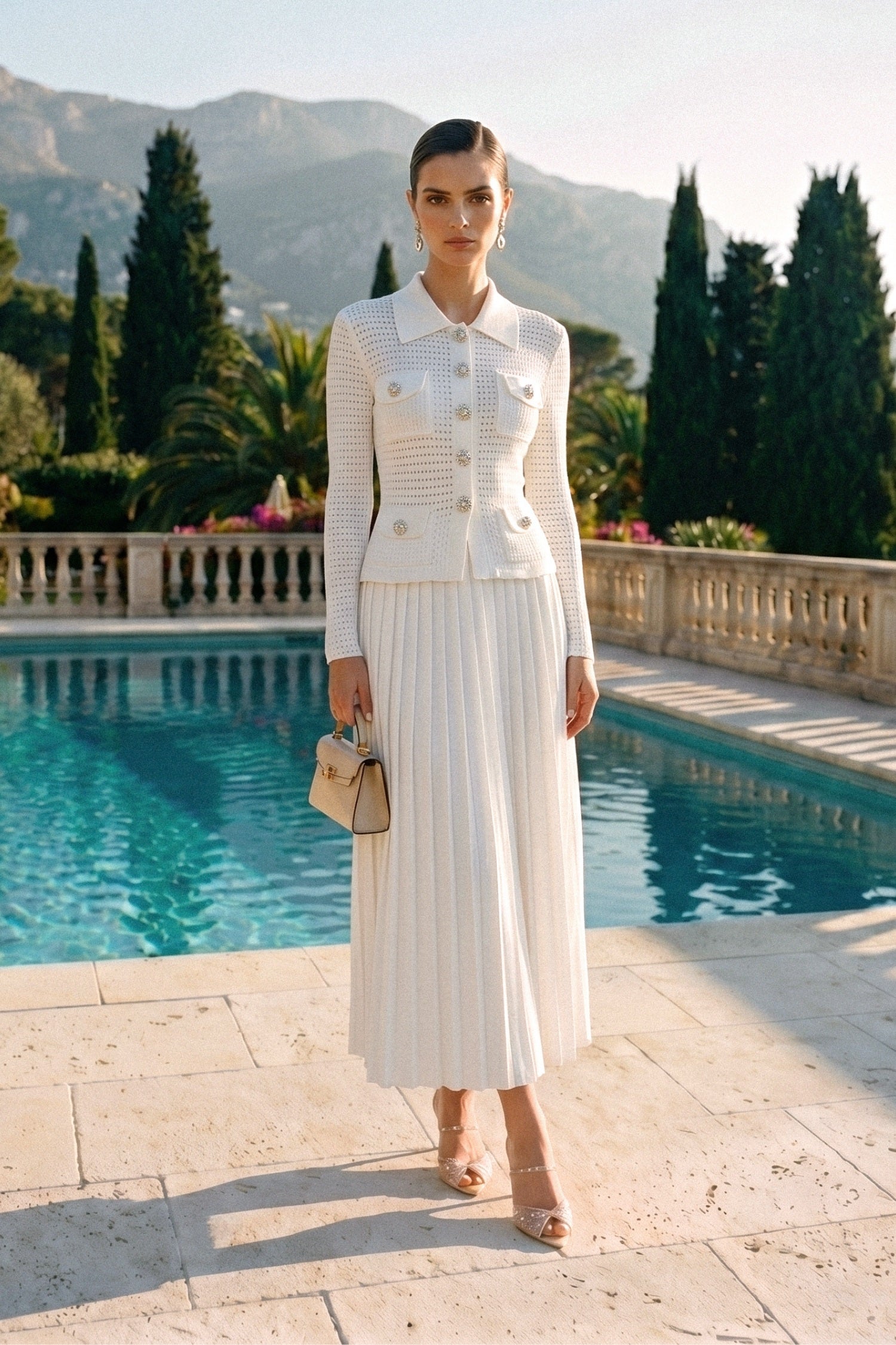 Completo coordinato con cardigan a maglia traforata e gonna midi plissettata - Bianco