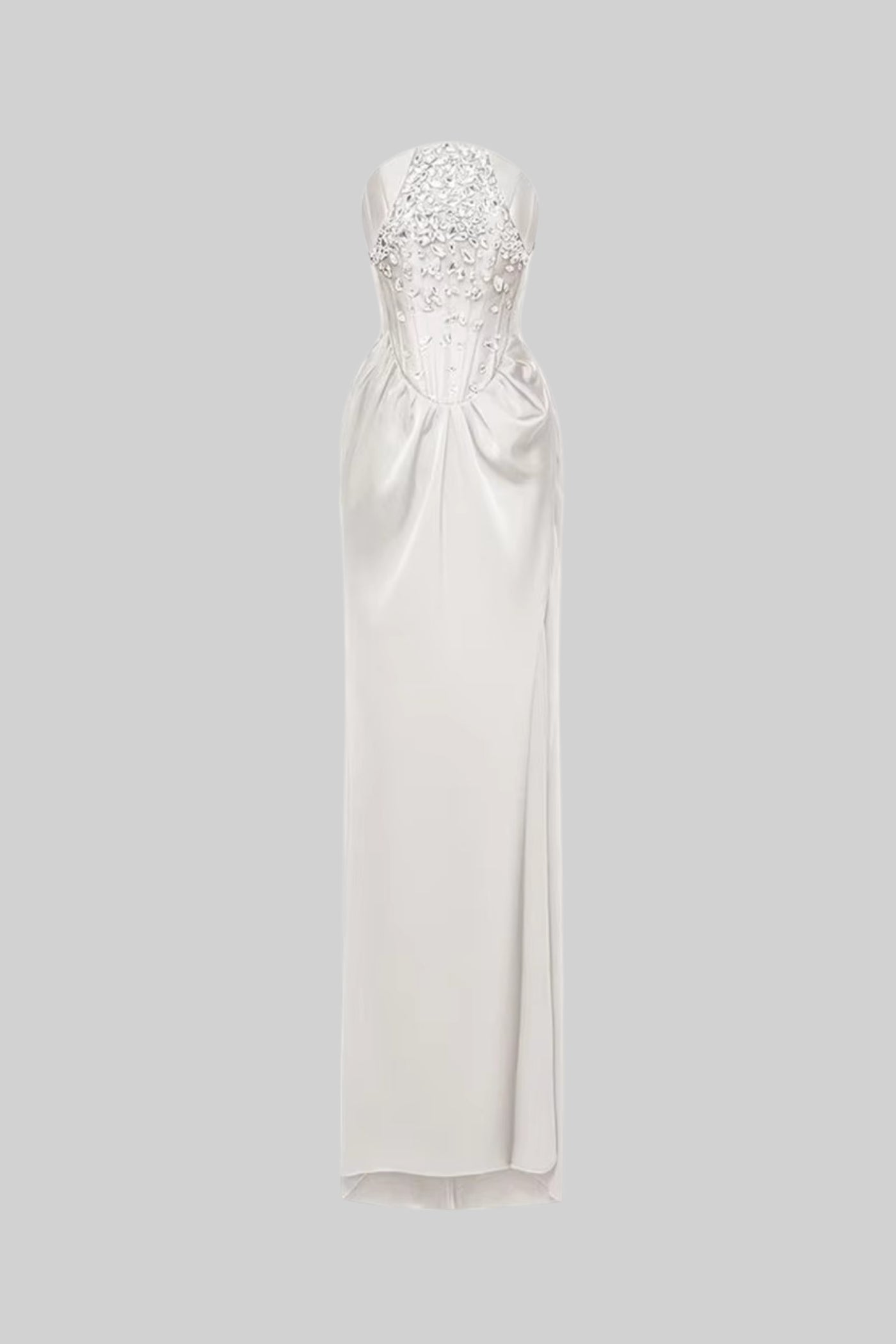 Elegant Satin Gown With Side Slit And Crystal Adornments - White