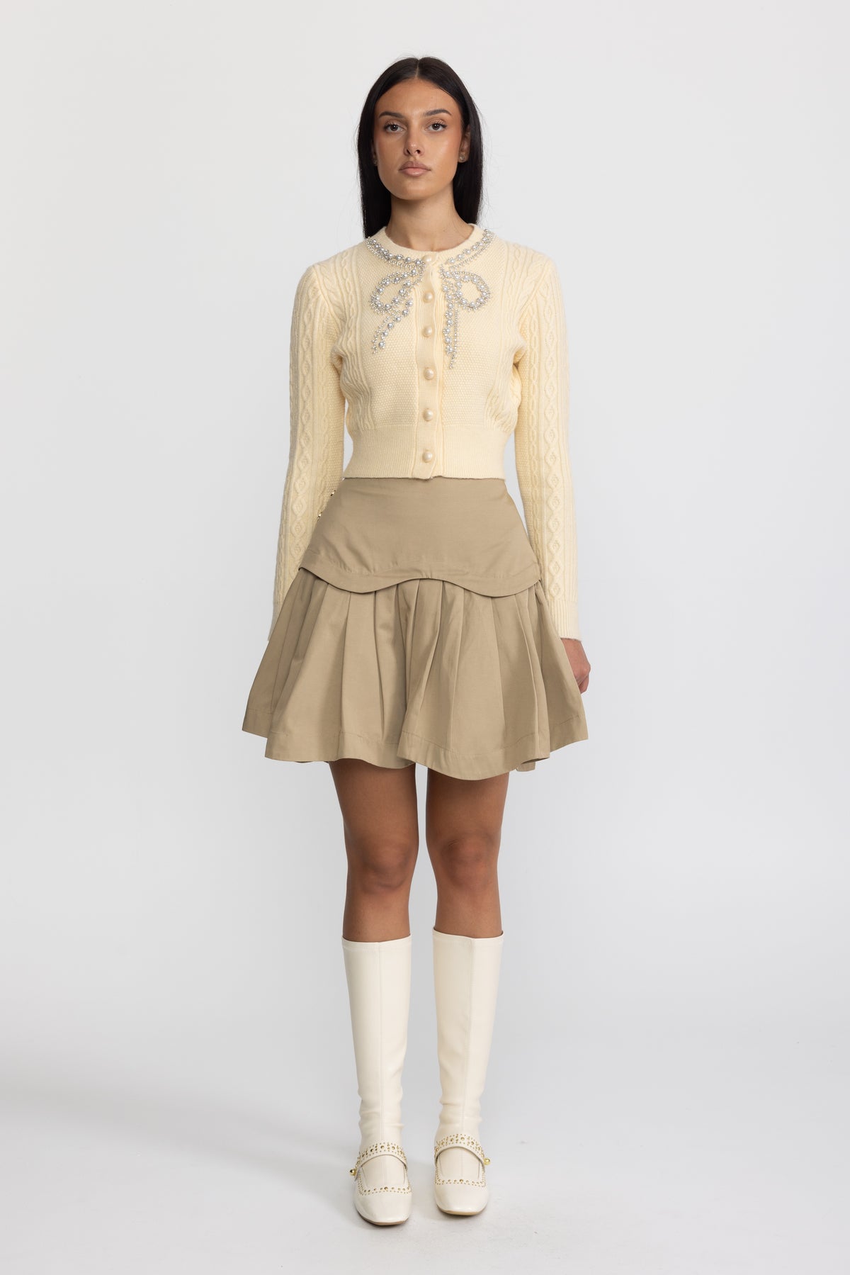 Minigonna plissé con carré smerlato - Khaki