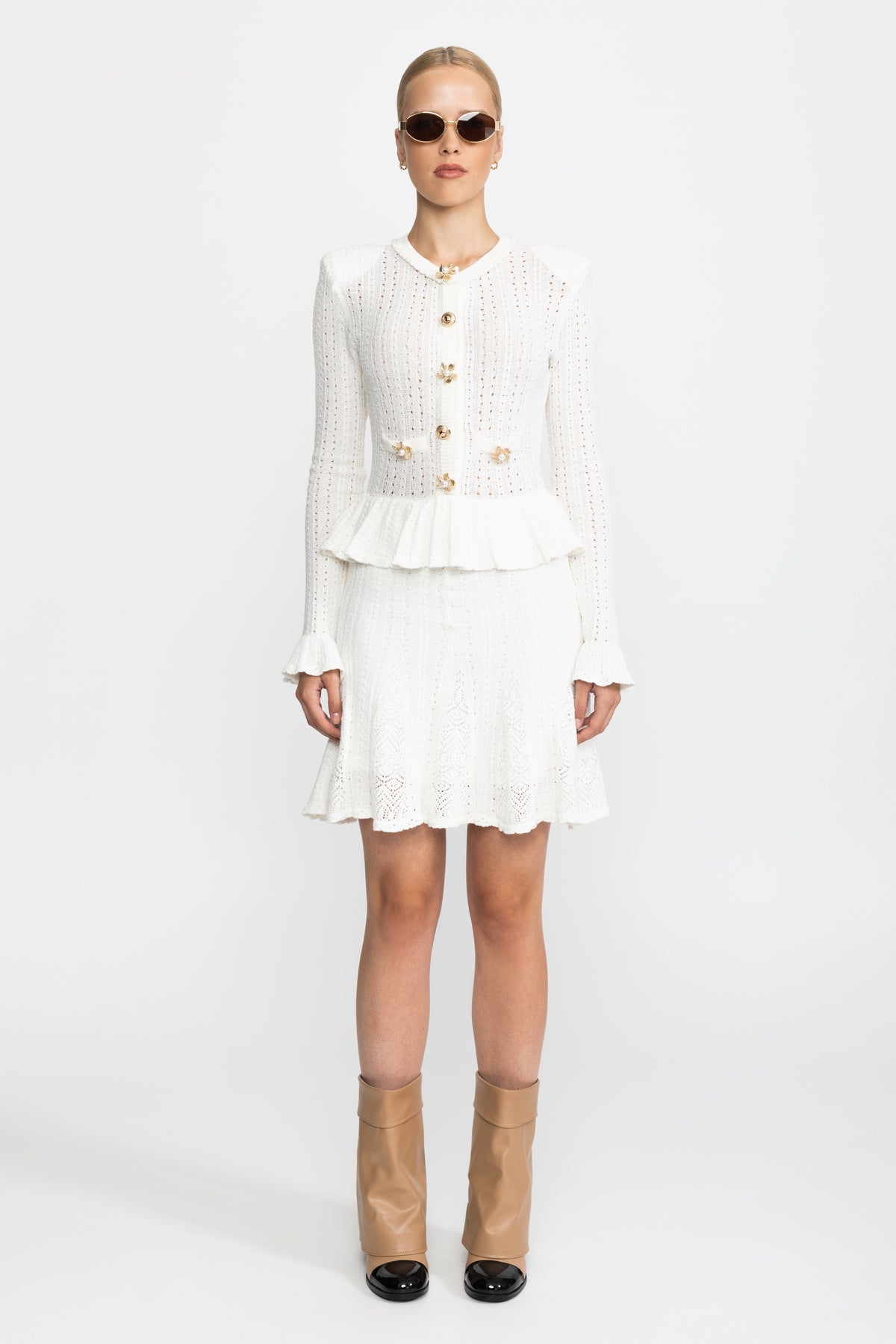 Pointelle Knit Peplum Mini Dress with Pearl Flower Buttons - White