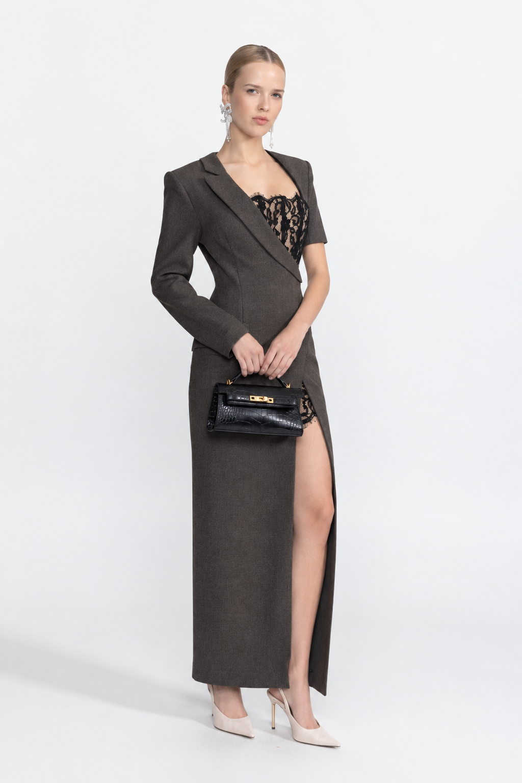 Abito maxi blazer asimmetrico con bustier in pizzo - antracite